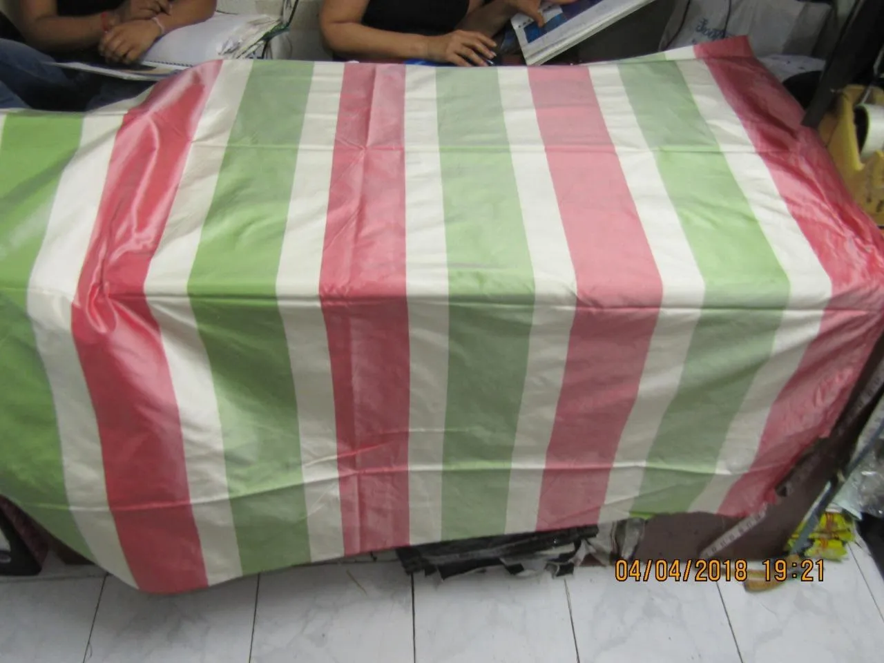 100% Pure Silk Taffeta Fabric SALMON PINK,CREAM AND GREEN stripe TAFS139[4] 54&quot; wide
