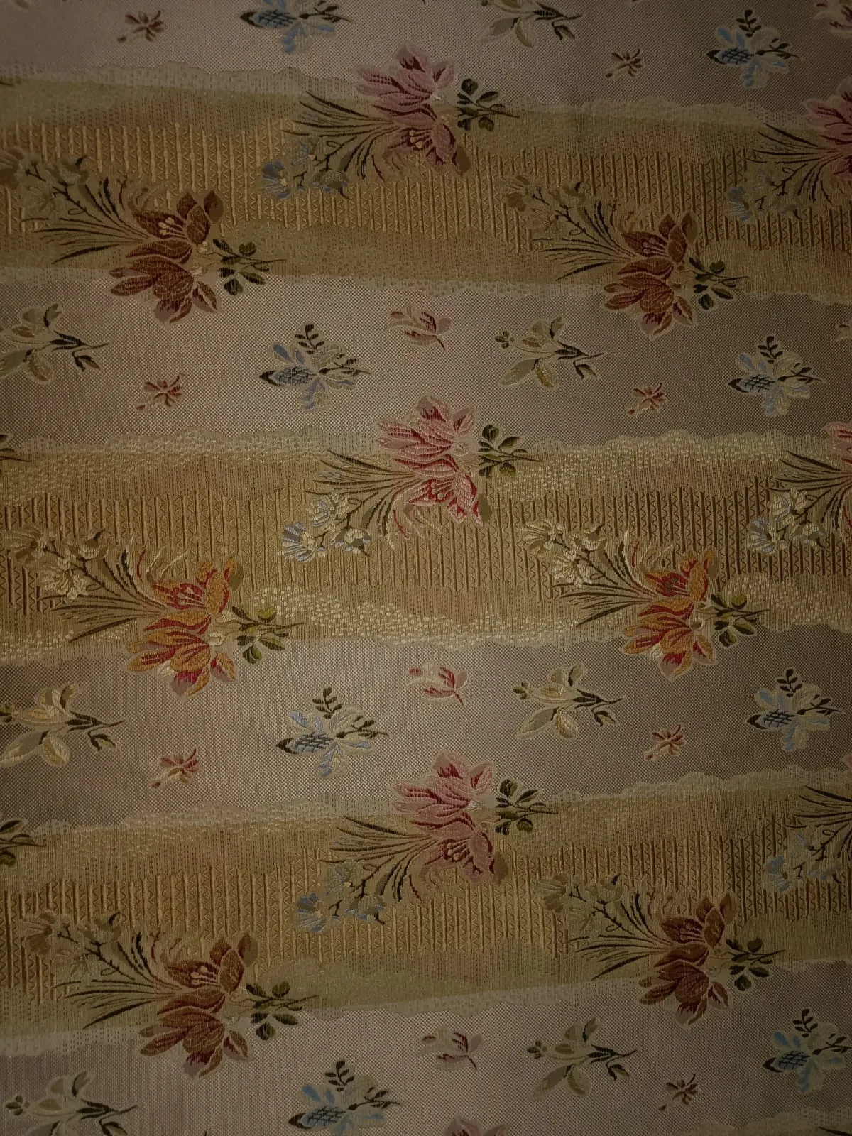 100% Silk Taffeta Jacquard Fabric  gold with floral jacquard stripes and floral embroidery  54" wide 74.70MOMME TAFJACNEW9 available for bulk preorder