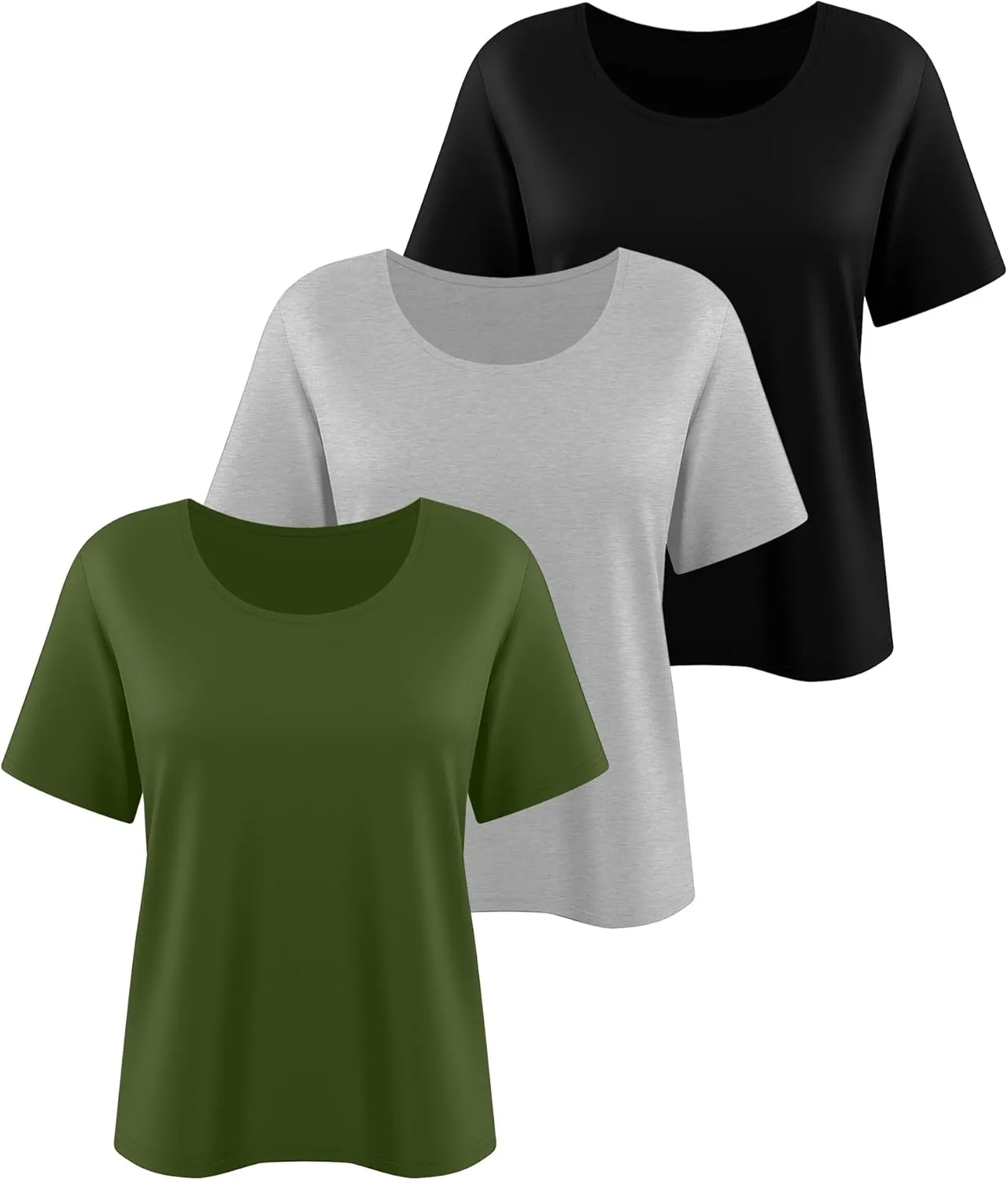 3 Pack Women's Plus Size Cotton Shirts, Scoop Neck Short Sleeve Casual Tops Summer Basic Tunic Tees