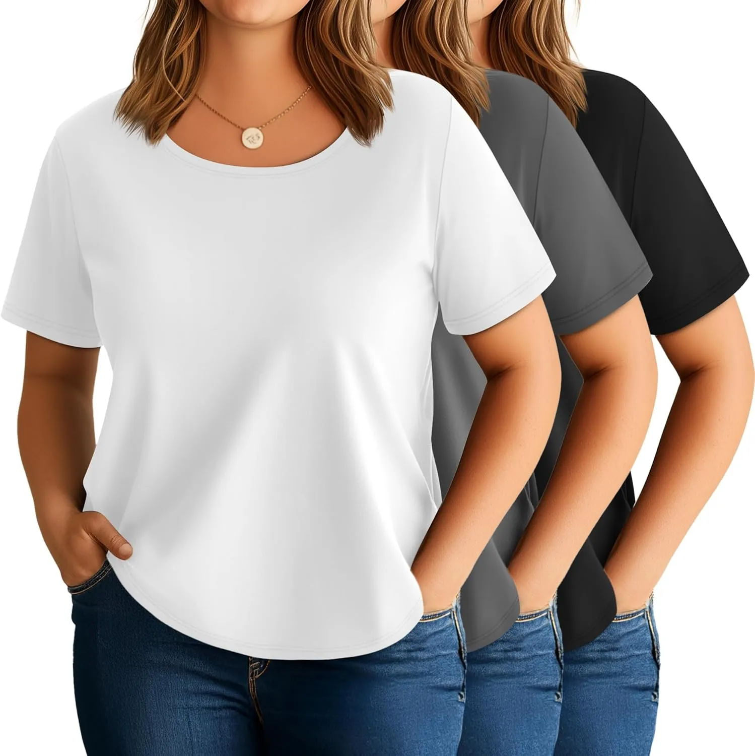 3 Pack Women's Plus Size Cotton Shirts, Scoop Neck Short Sleeve Casual Tops Summer Basic Tunic Tees
