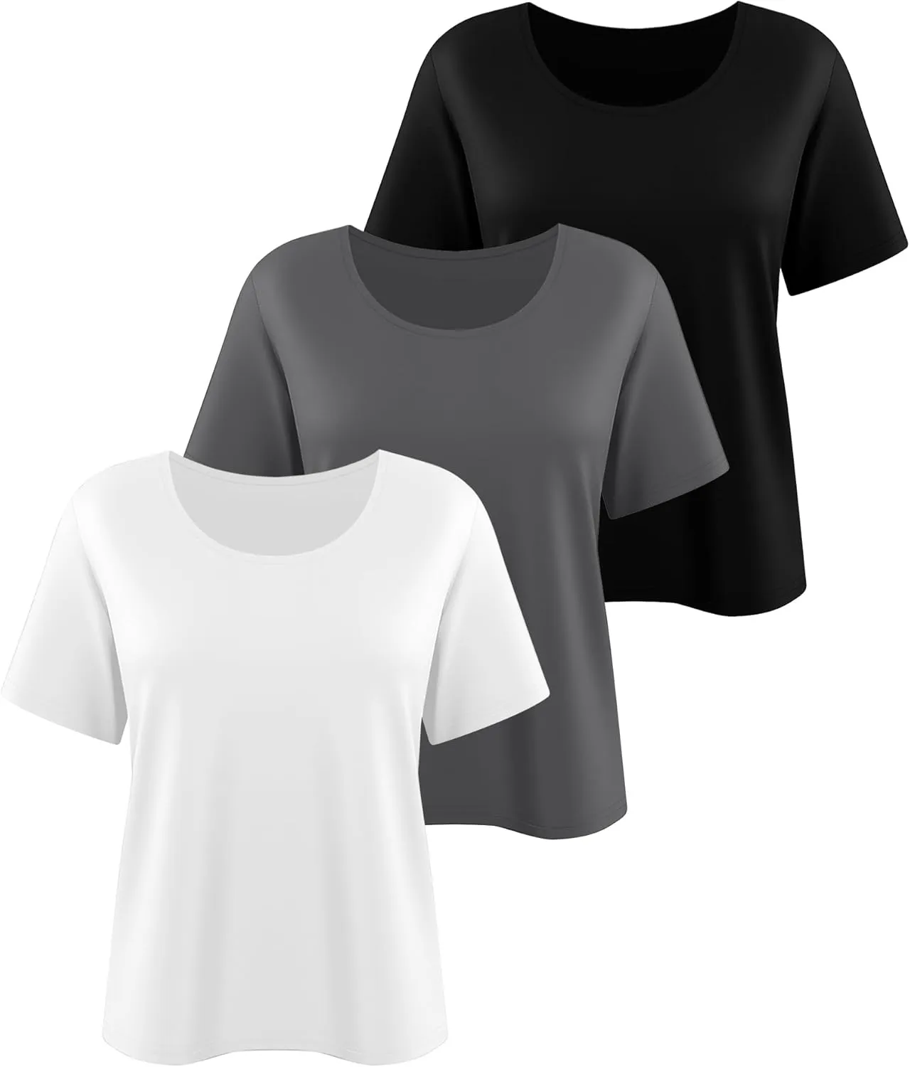3 Pack Women's Plus Size Cotton Shirts, Scoop Neck Short Sleeve Casual Tops Summer Basic Tunic Tees