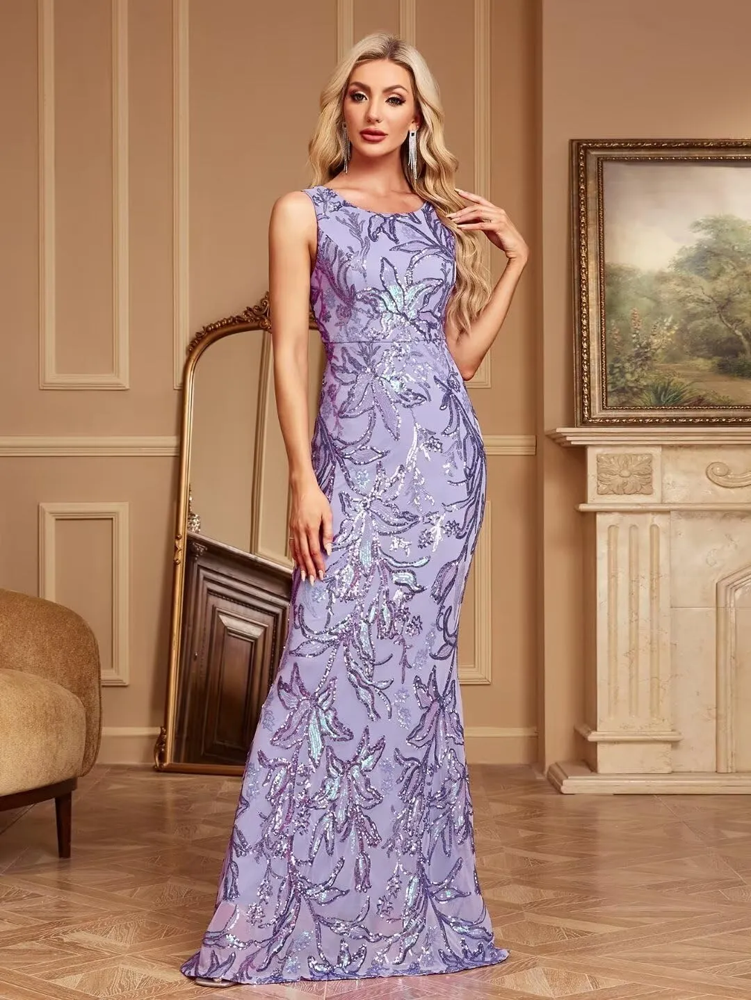 BITALY Sequin Mermaid Evening Dresses Scoop Neck Maxi Long Formal Dresses Cocktail Party Dress BI152