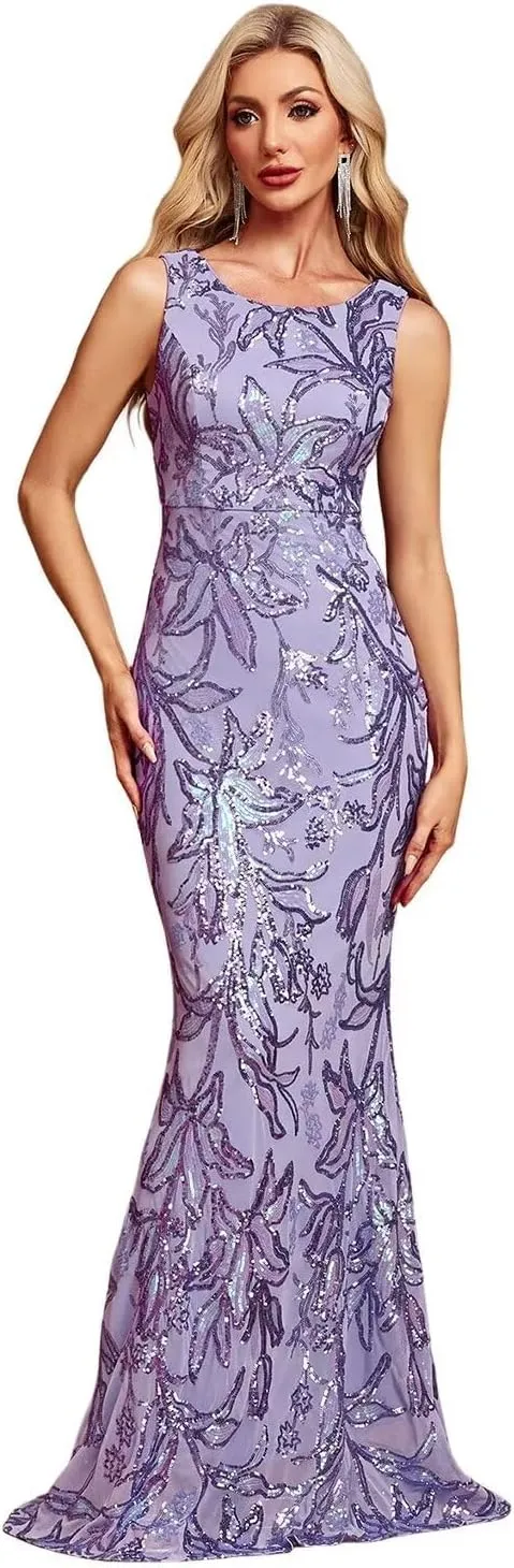 BITALY Sequin Mermaid Evening Dresses Scoop Neck Maxi Long Formal Dresses Cocktail Party Dress BI152