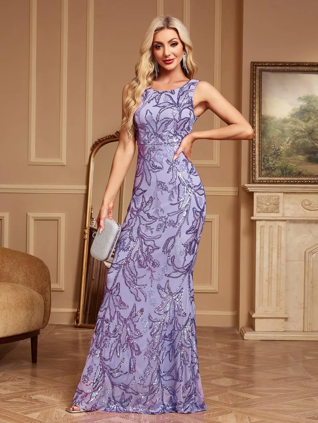 BITALY Sequin Mermaid Evening Dresses Scoop Neck Maxi Long Formal Dresses Cocktail Party Dress BI152