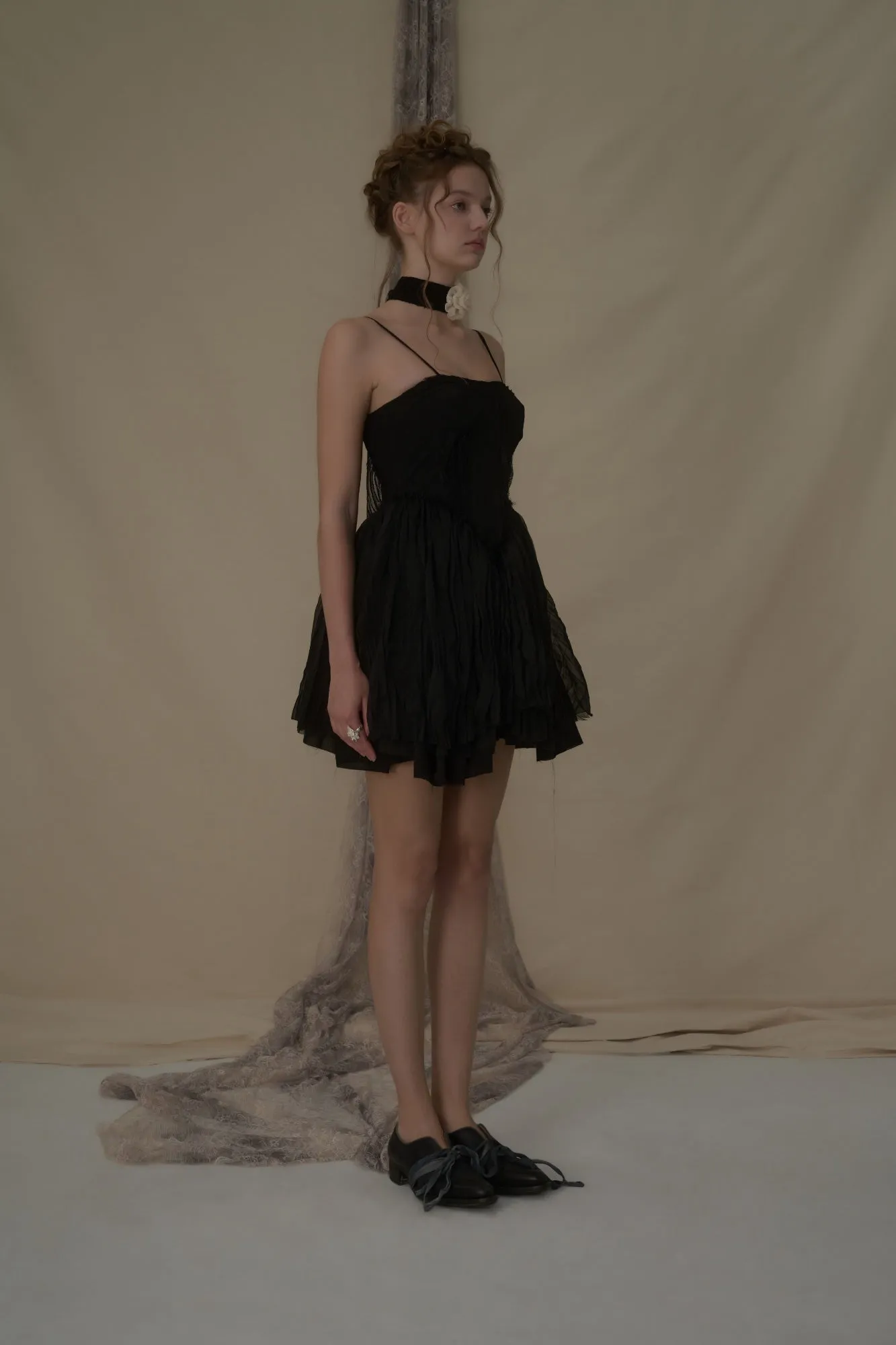 Black Lace Puffy Camisole Short Dress