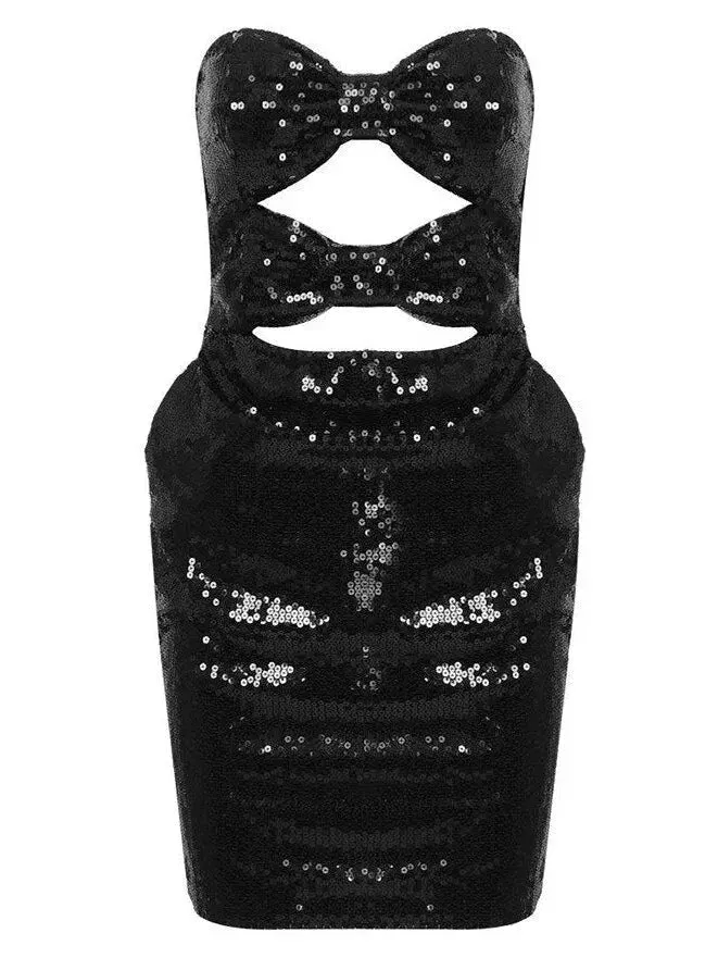 Black Sequin-Embellished Strapless Mini Dress