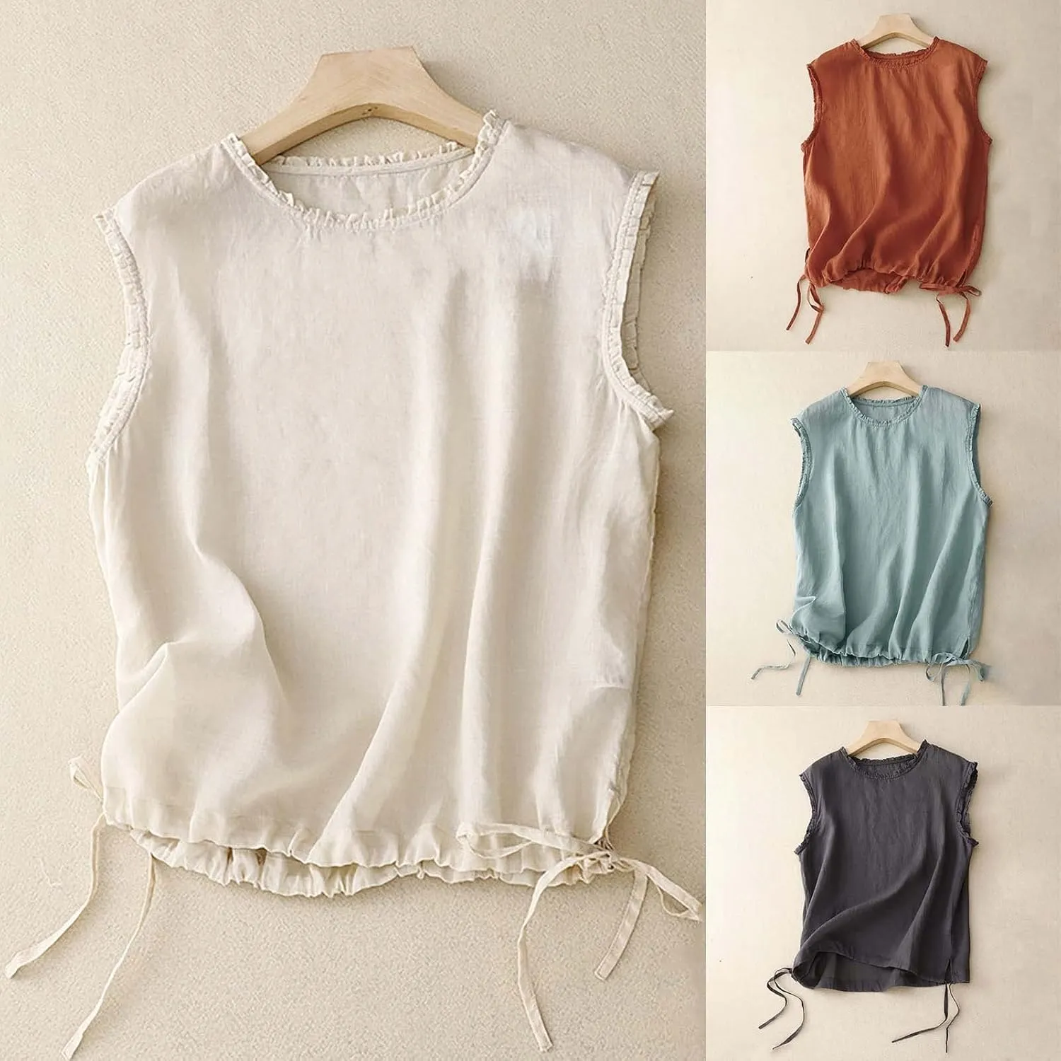 Cotton Linen Tank Tops for Womens Summer Sleeveless Crewneck Vest Casual Solid Color Loose Basic Crop Blouse Shirt