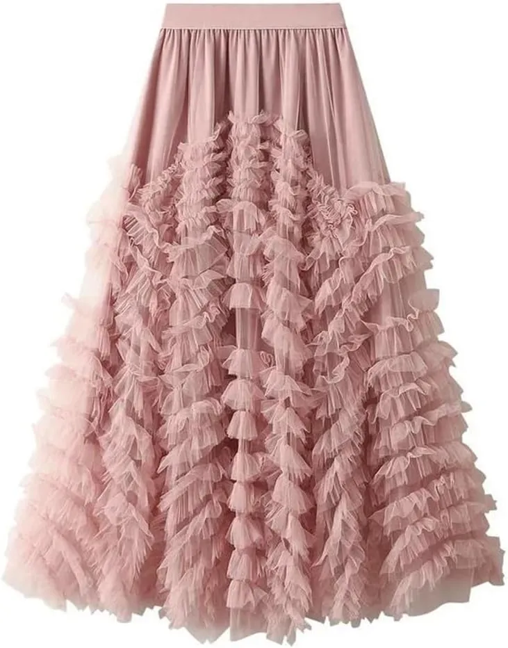 Fashionable Tiered Tulle Maxi Skirt for Women Elegant A Line High Waist Mesh Long Skirt Female
