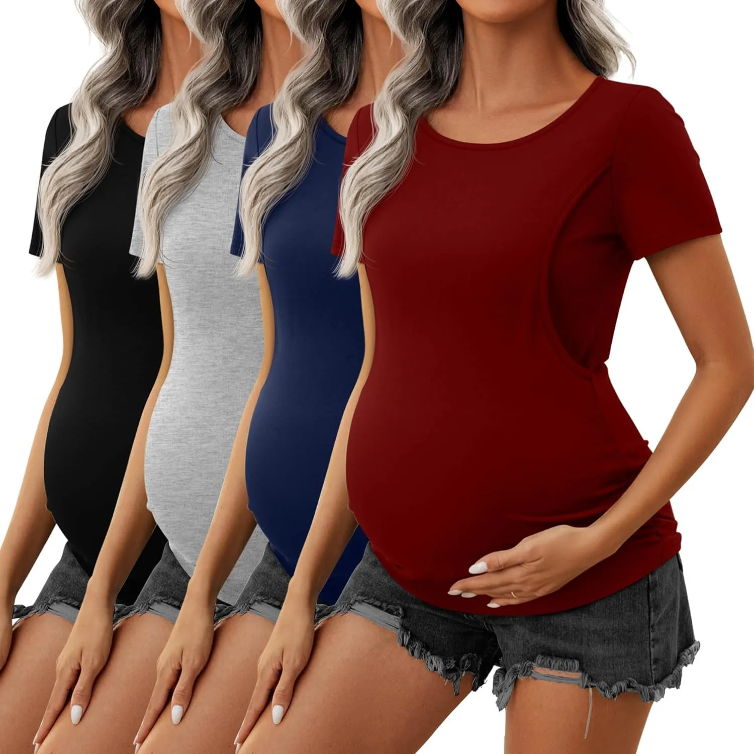 Ficerd 4 Pack Nursing Tops Cotton Short Sleeve Maternity Shirts for Women Double Layer Breastfeeding Tees Pregnancy Clothes
