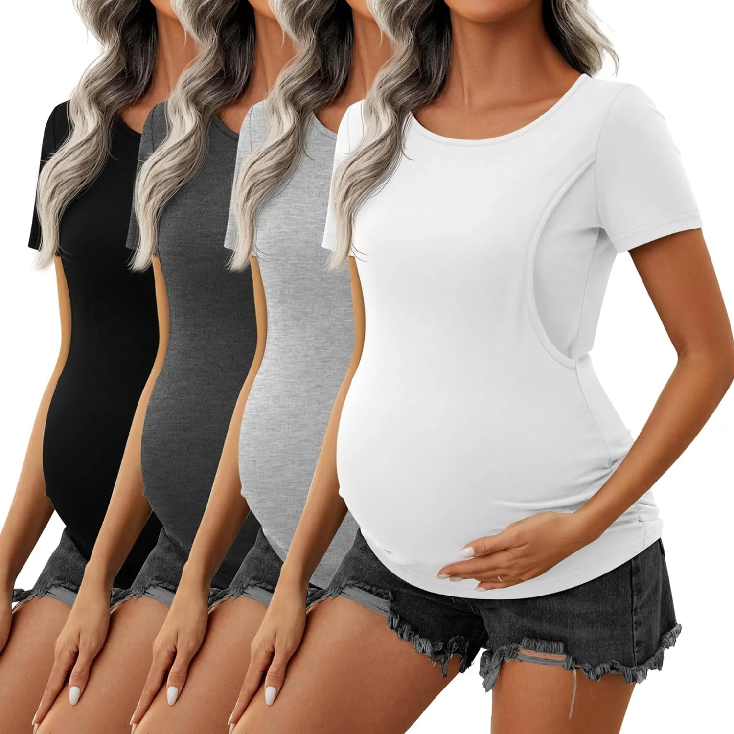 Ficerd 4 Pack Nursing Tops Cotton Short Sleeve Maternity Shirts for Women Double Layer Breastfeeding Tees Pregnancy Clothes