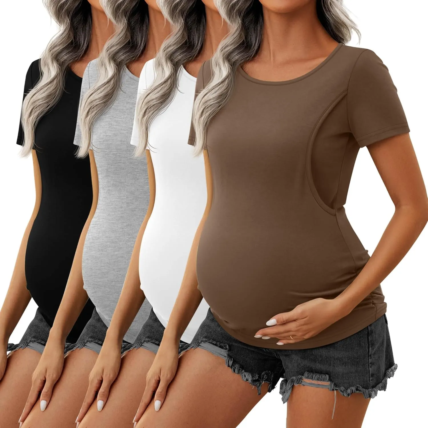 Ficerd 4 Pack Nursing Tops Cotton Short Sleeve Maternity Shirts for Women Double Layer Breastfeeding Tees Pregnancy Clothes