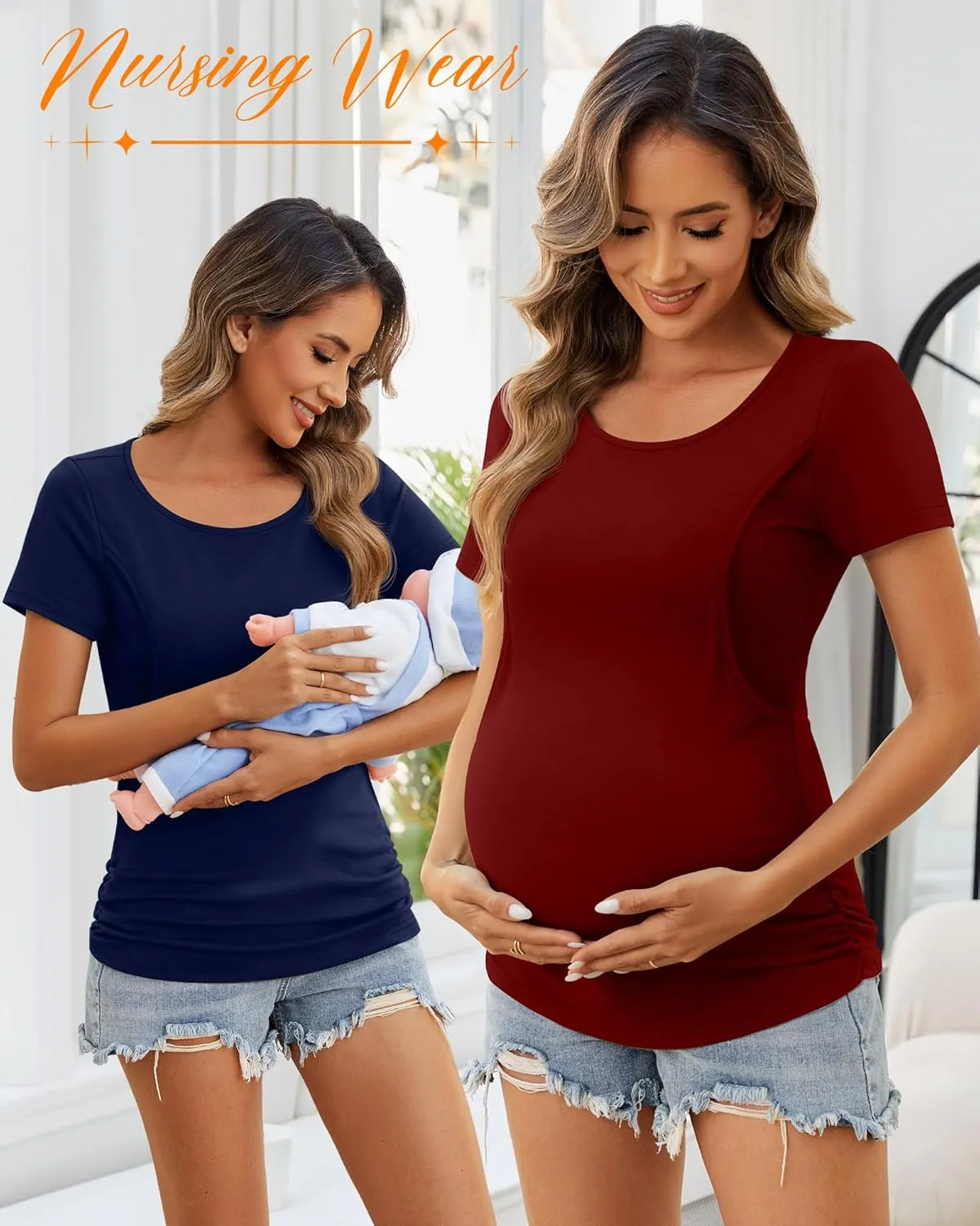 Ficerd 4 Pack Nursing Tops Cotton Short Sleeve Maternity Shirts for Women Double Layer Breastfeeding Tees Pregnancy Clothes