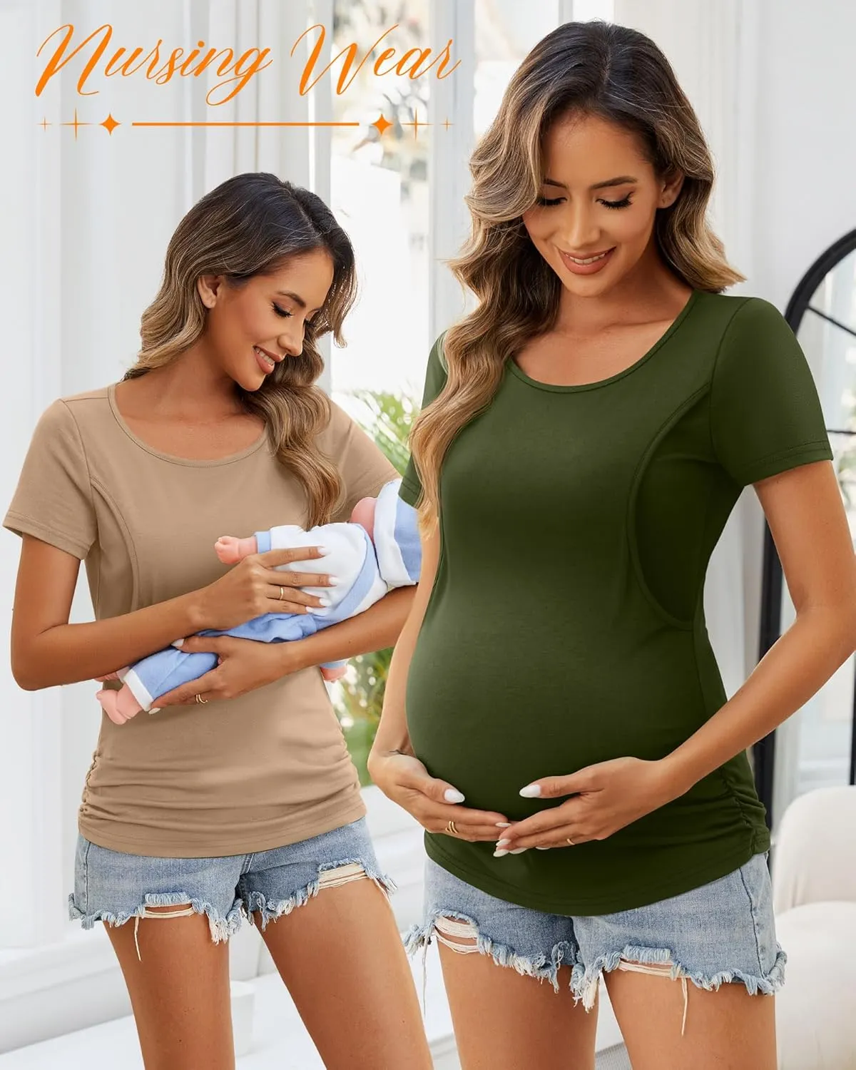 Ficerd 4 Pack Nursing Tops Cotton Short Sleeve Maternity Shirts for Women Double Layer Breastfeeding Tees Pregnancy Clothes
