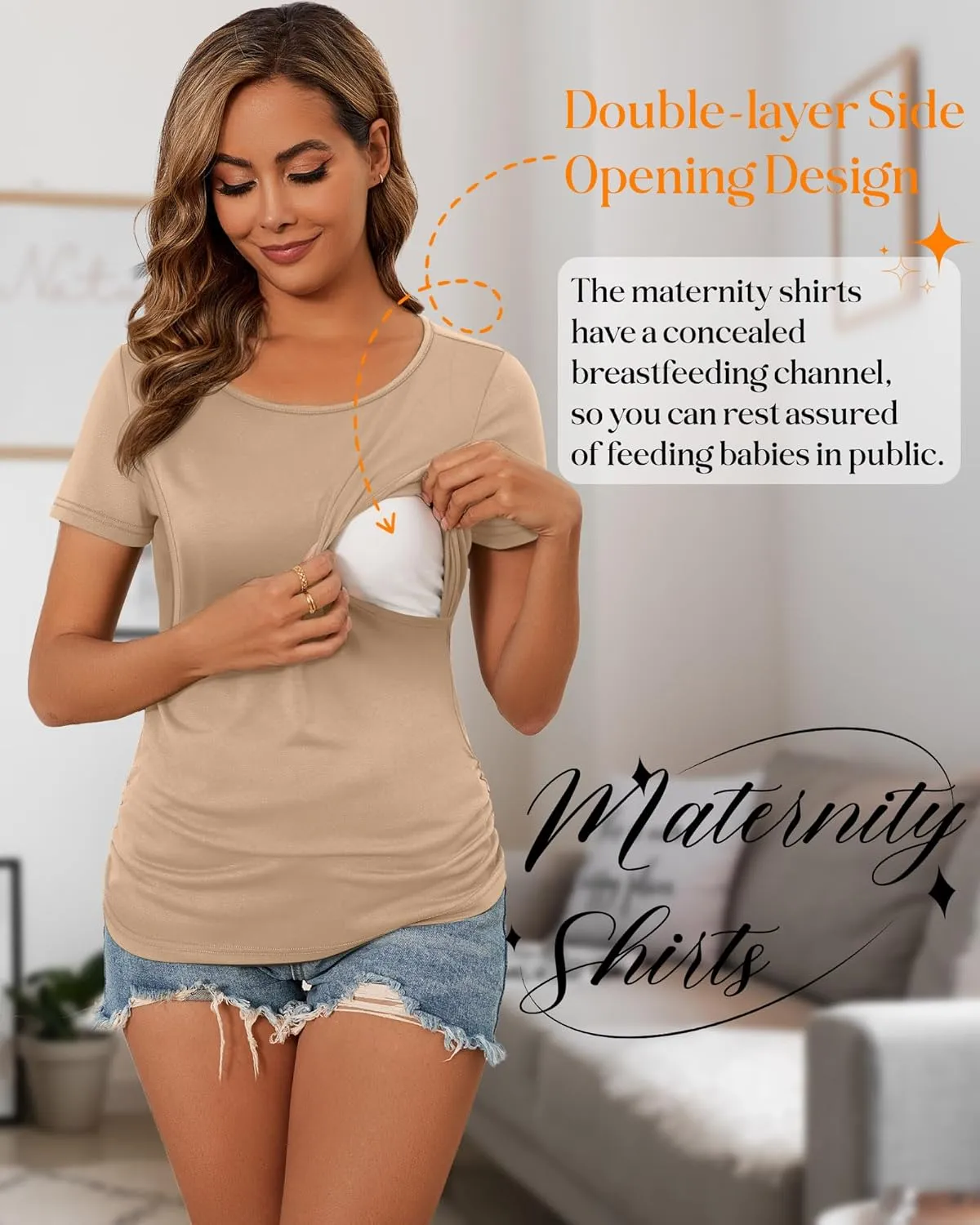 Ficerd 4 Pack Nursing Tops Cotton Short Sleeve Maternity Shirts for Women Double Layer Breastfeeding Tees Pregnancy Clothes
