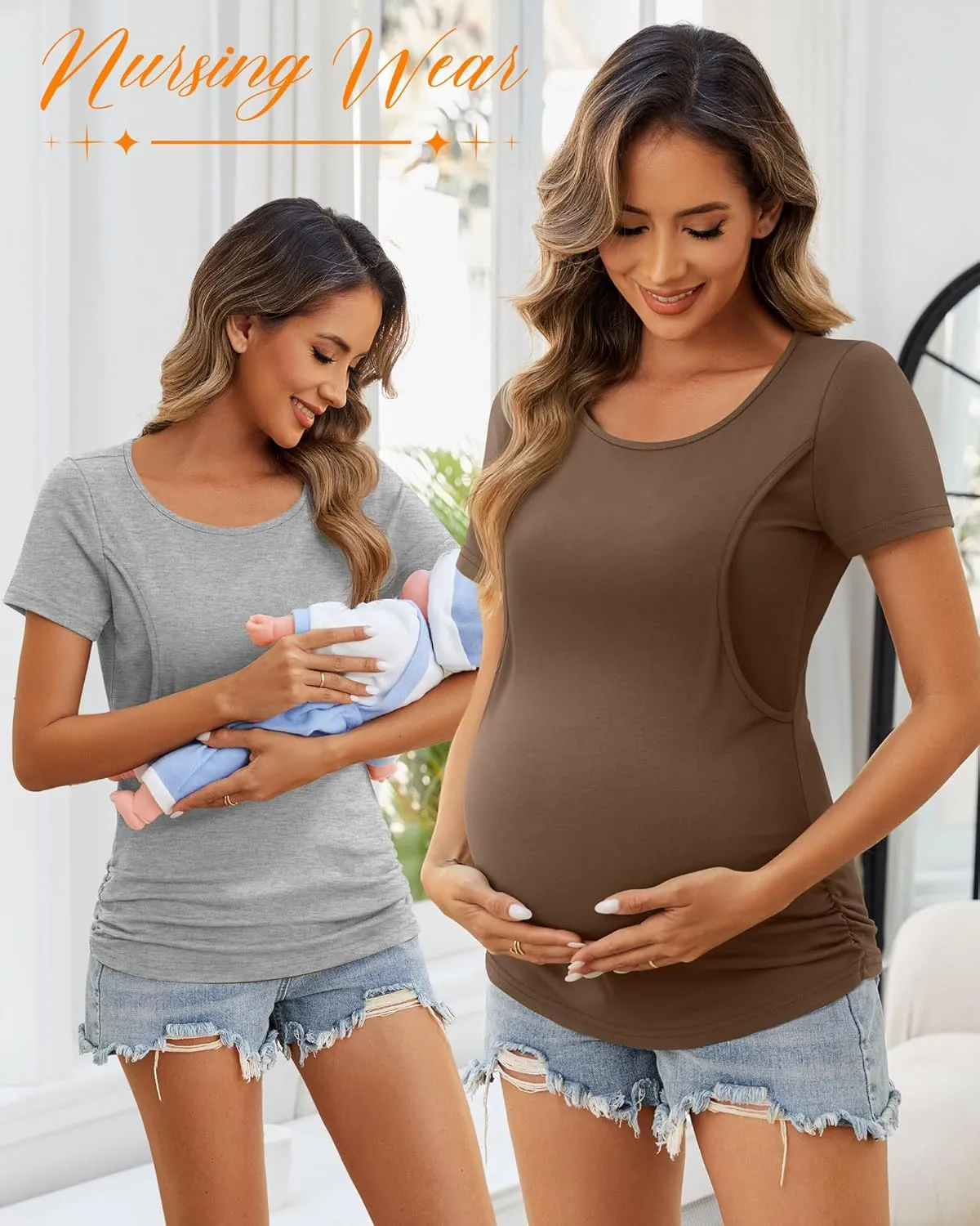 Ficerd 4 Pack Nursing Tops Cotton Short Sleeve Maternity Shirts for Women Double Layer Breastfeeding Tees Pregnancy Clothes