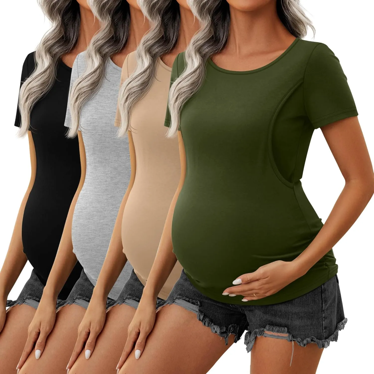 Ficerd 4 Pack Nursing Tops Cotton Short Sleeve Maternity Shirts for Women Double Layer Breastfeeding Tees Pregnancy Clothes