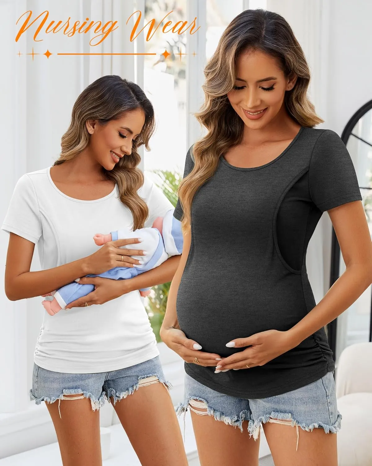 Ficerd 4 Pack Nursing Tops Cotton Short Sleeve Maternity Shirts for Women Double Layer Breastfeeding Tees Pregnancy Clothes