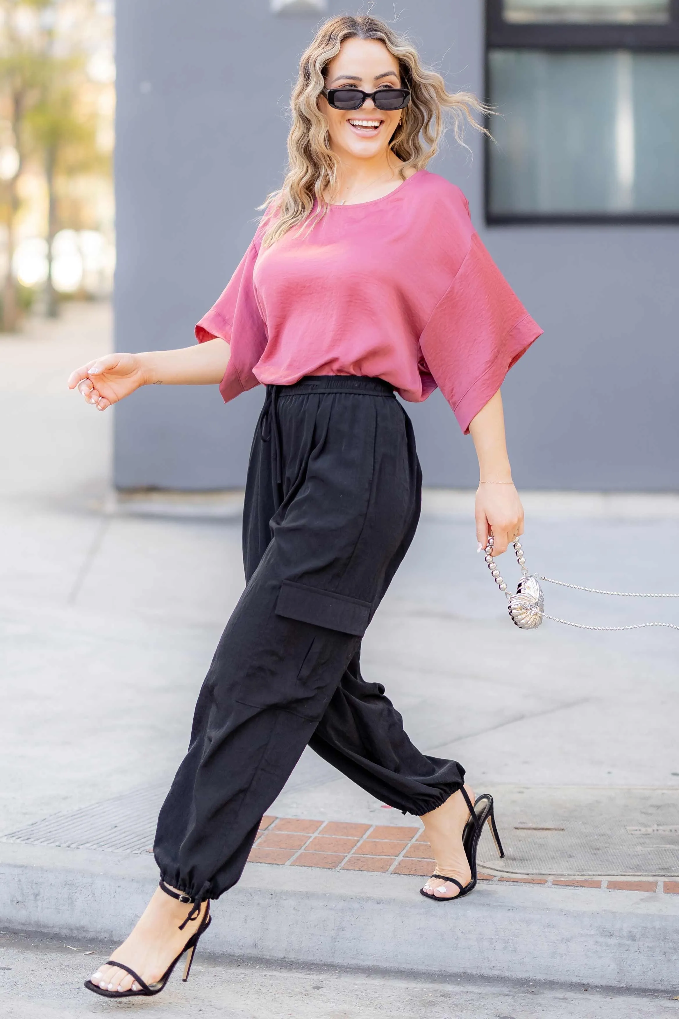 Kellie - Silky Drawstring Cargo Pants - Black