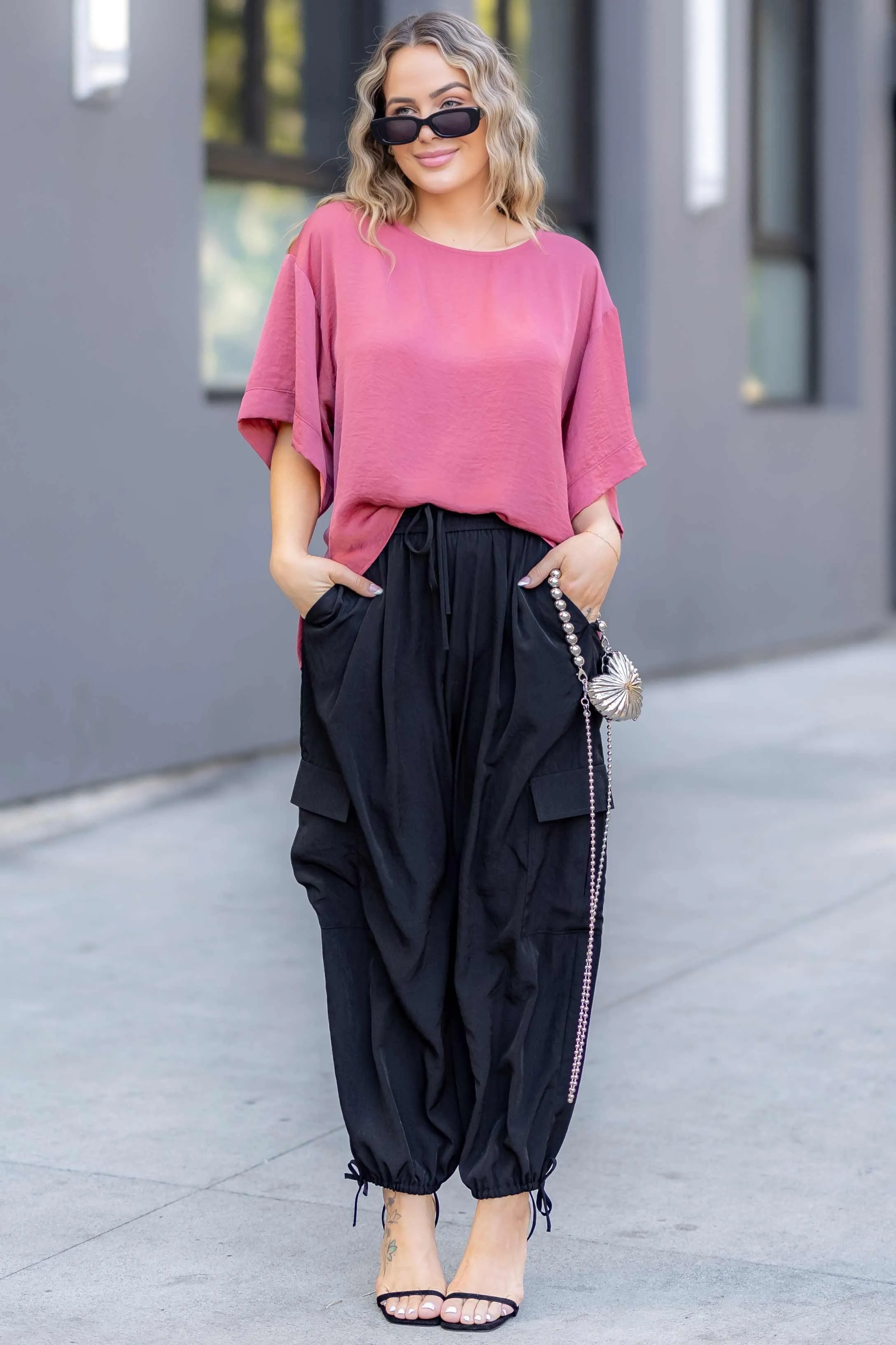 Kellie - Silky Drawstring Cargo Pants - Black