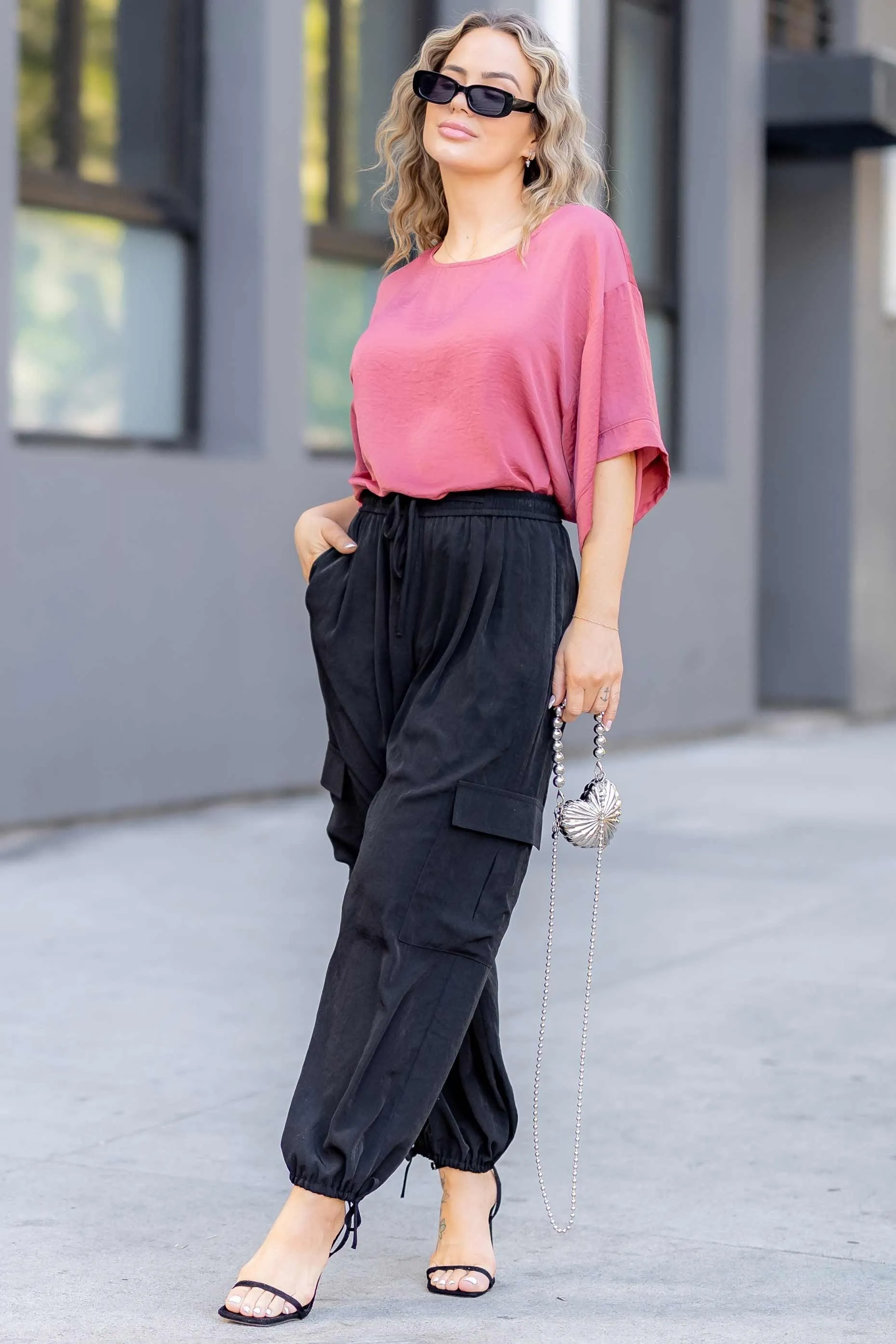Kellie - Silky Drawstring Cargo Pants - Black
