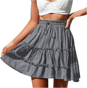 Lightweight Skirts for Women with Drawstring Layered Soft Flowy Swing High Waist Trendy Summer Beach Skirt