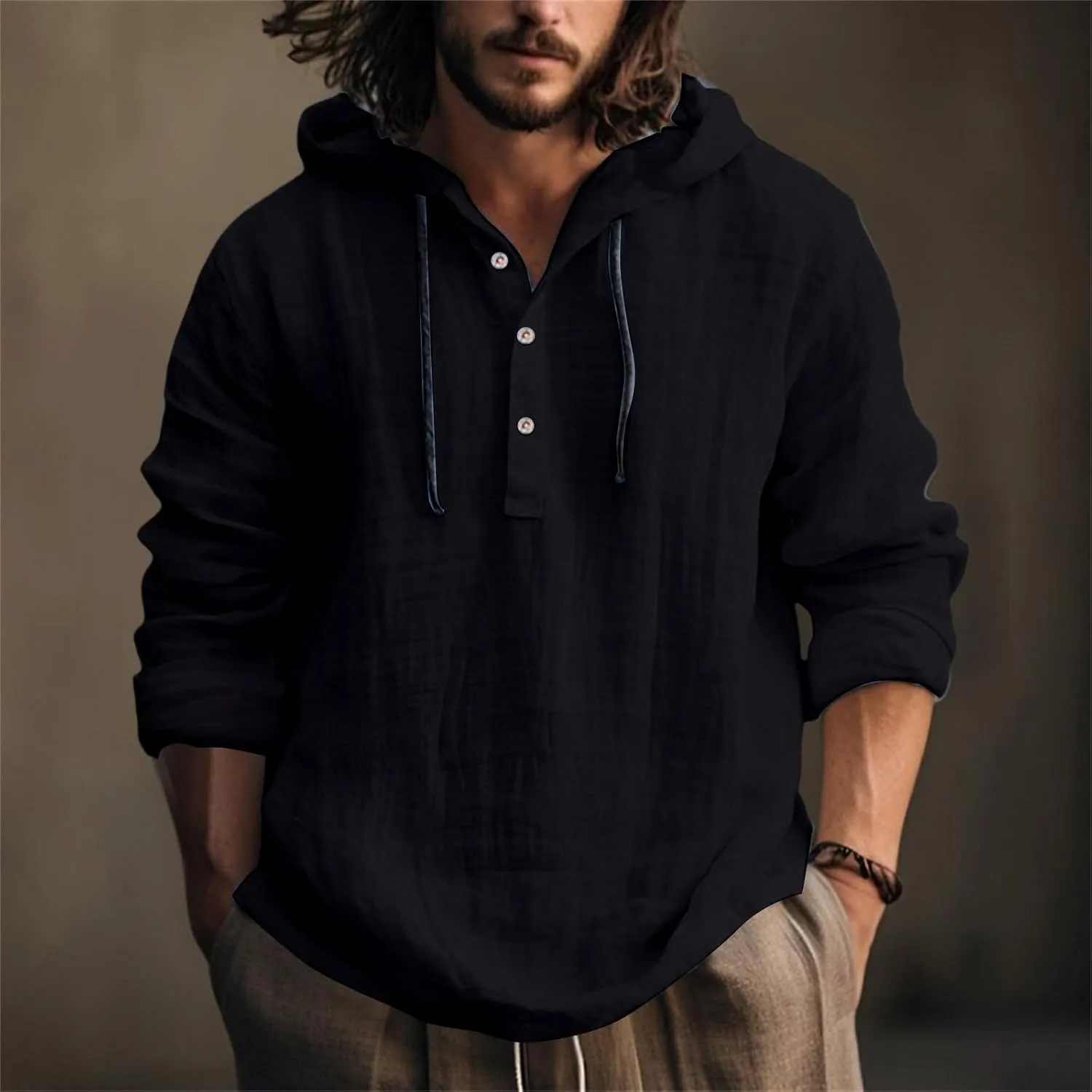 Linen Shirts for Men Lightweight Button Up Long Sleeve Shirts with Hood Loose Fit Breathable Boho Beach Linen Hoodie