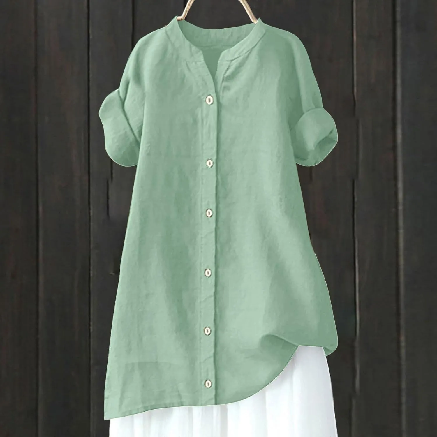 Linen Shirts for Women Button Down Shirts Short Sleeve Cotton Collared V Neck Solid Casual Blouses with Pocket