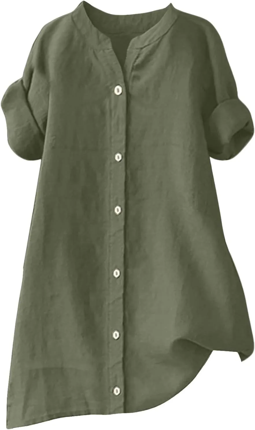 Linen Shirts for Women Button Down Shirts Short Sleeve Cotton Collared V Neck Solid Casual Blouses with Pocket