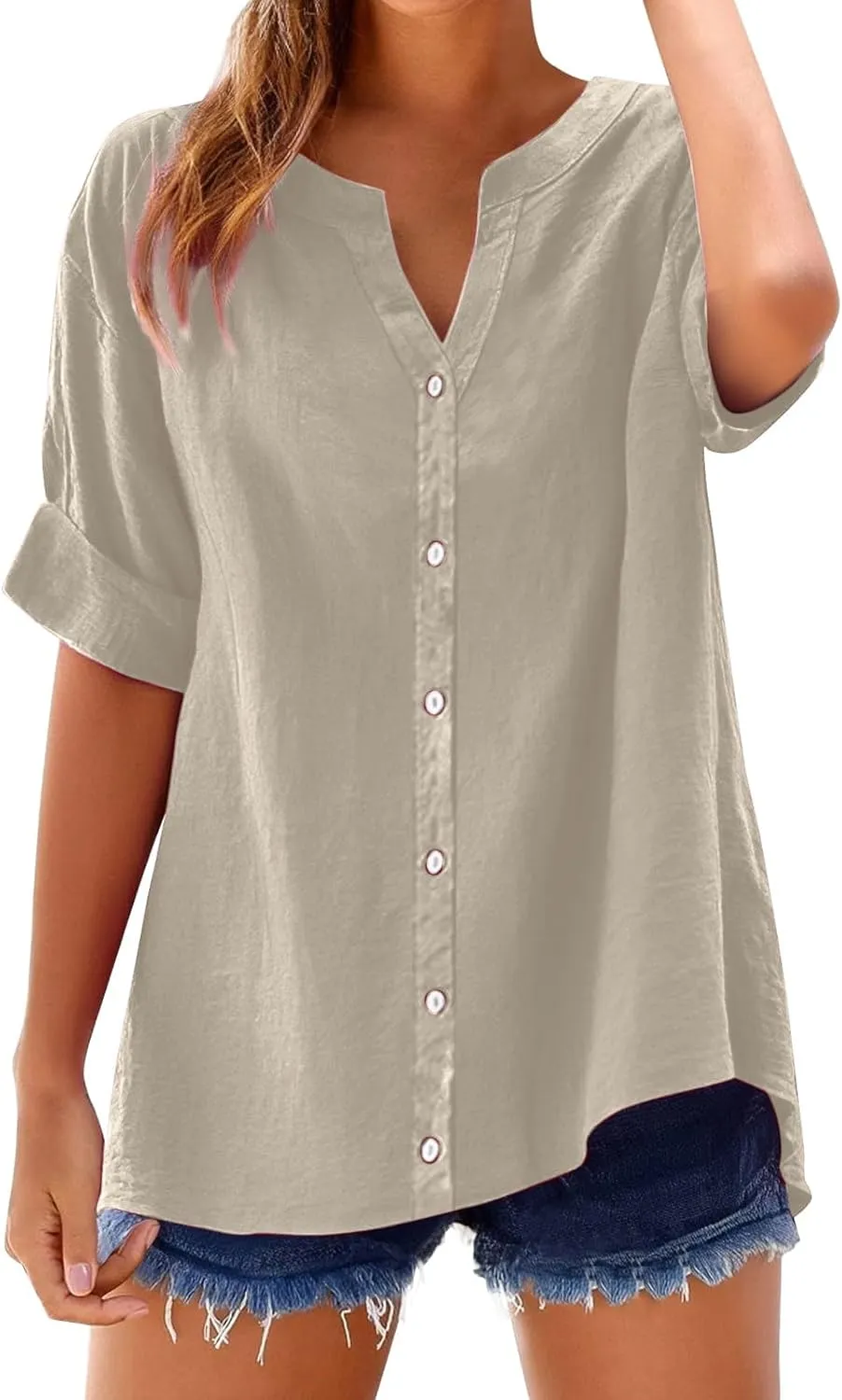 Linen Shirts for Women Button Down Shirts Short Sleeve Cotton Collared V Neck Solid Casual Blouses with Pocket