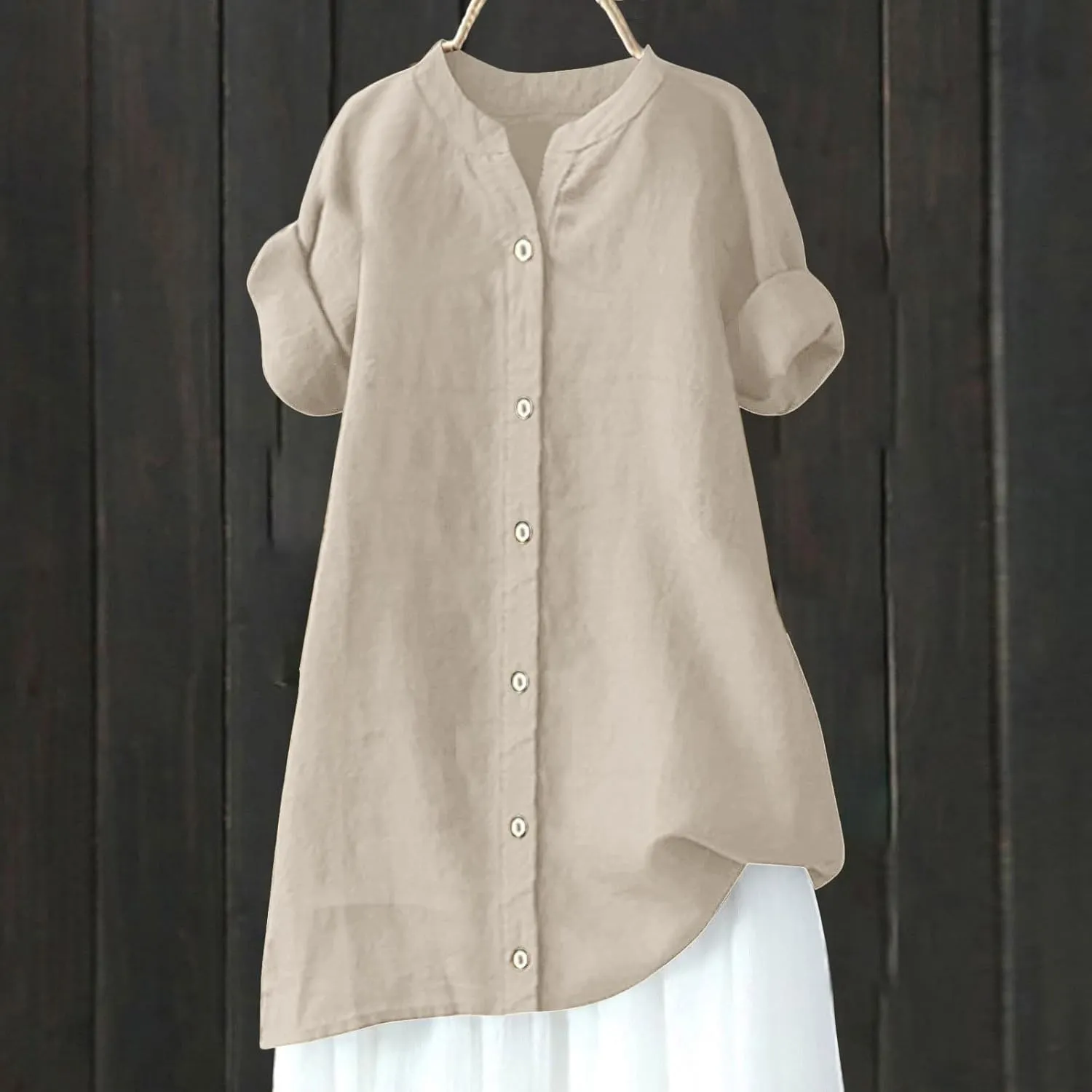 Linen Shirts for Women Button Down Shirts Short Sleeve Cotton Collared V Neck Solid Casual Blouses with Pocket