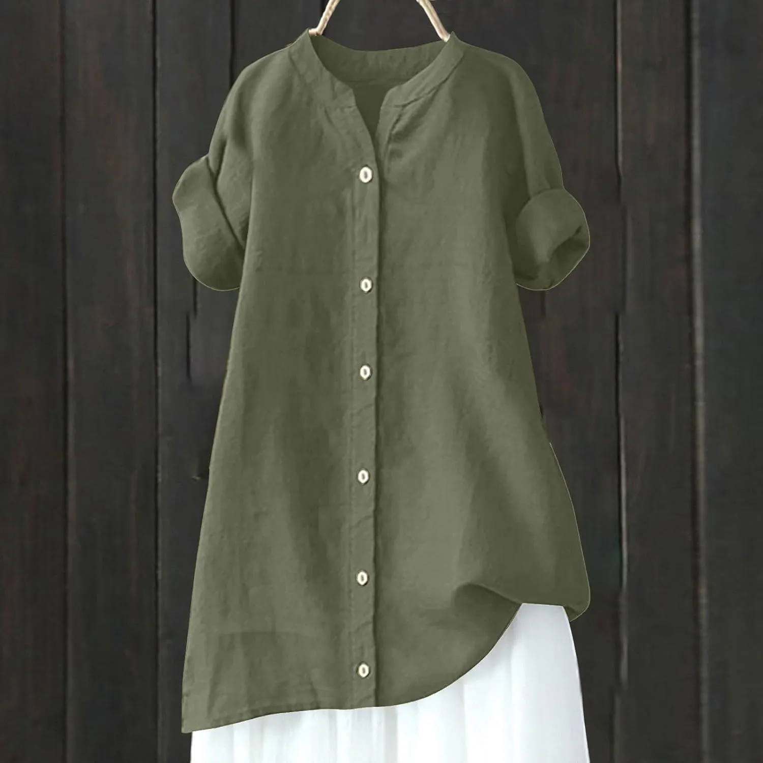 Linen Shirts for Women Button Down Shirts Short Sleeve Cotton Collared V Neck Solid Casual Blouses with Pocket