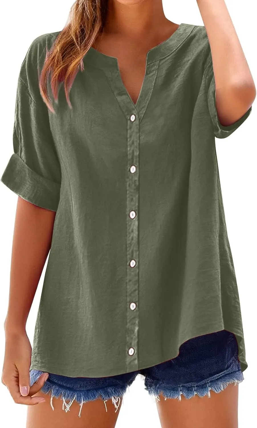Linen Shirts for Women Button Down Shirts Short Sleeve Cotton Collared V Neck Solid Casual Blouses with Pocket