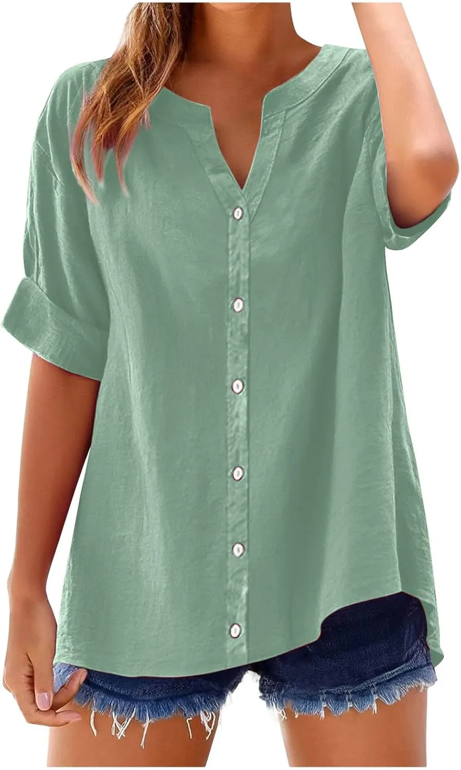 Linen Shirts for Women Summer Button Down Shirts Short Sleeve Oversized Boyfriend Solid Tunic Tops Casual Dressy Tunics