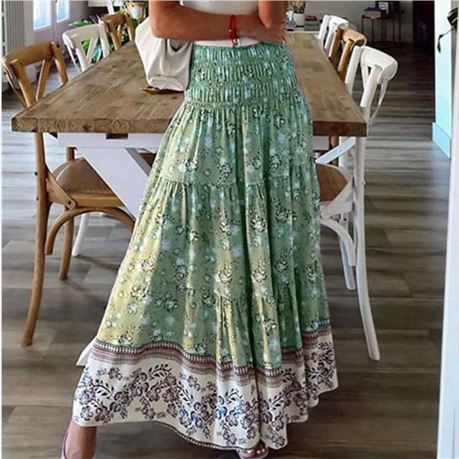 Long Boho Skirts for Women Summer Tiered Floral Maxi Skirt Elastic High Waisted A Line Skirt Pleated Flowy Beach Skirts