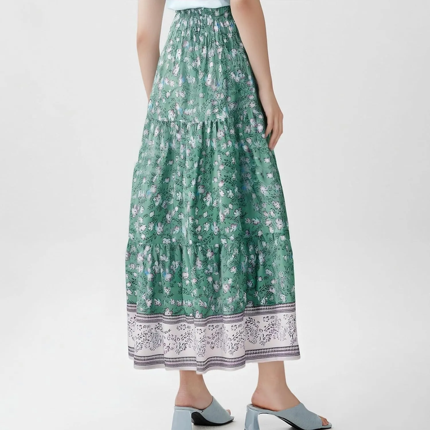 Long Boho Skirts for Women Summer Tiered Floral Maxi Skirt Elastic High Waisted A Line Skirt Pleated Flowy Beach Skirts