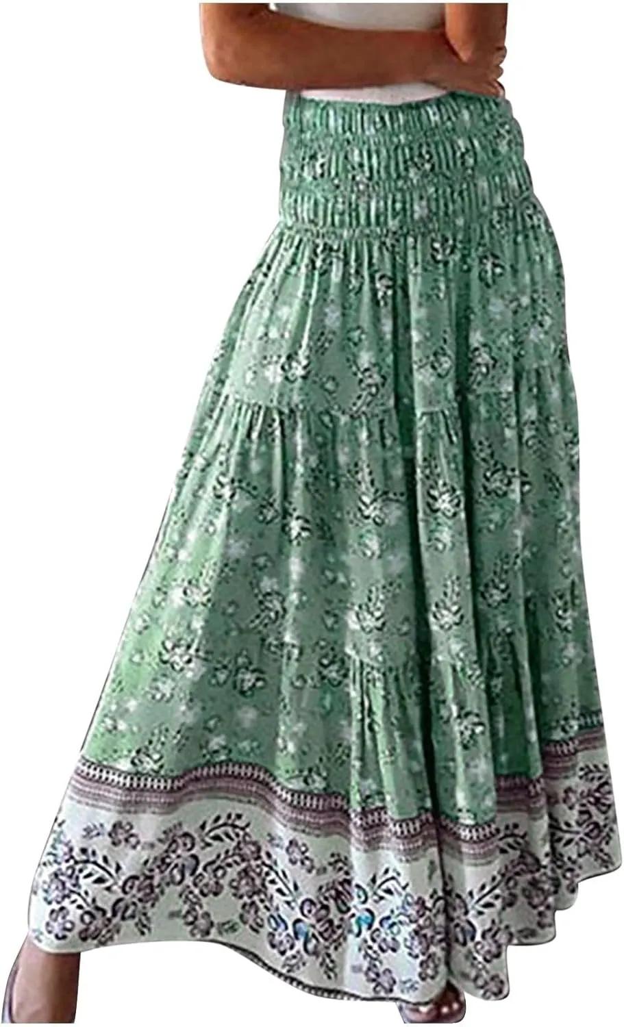 Long Boho Skirts for Women Summer Tiered Floral Maxi Skirt Elastic High Waisted A Line Skirt Pleated Flowy Beach Skirts