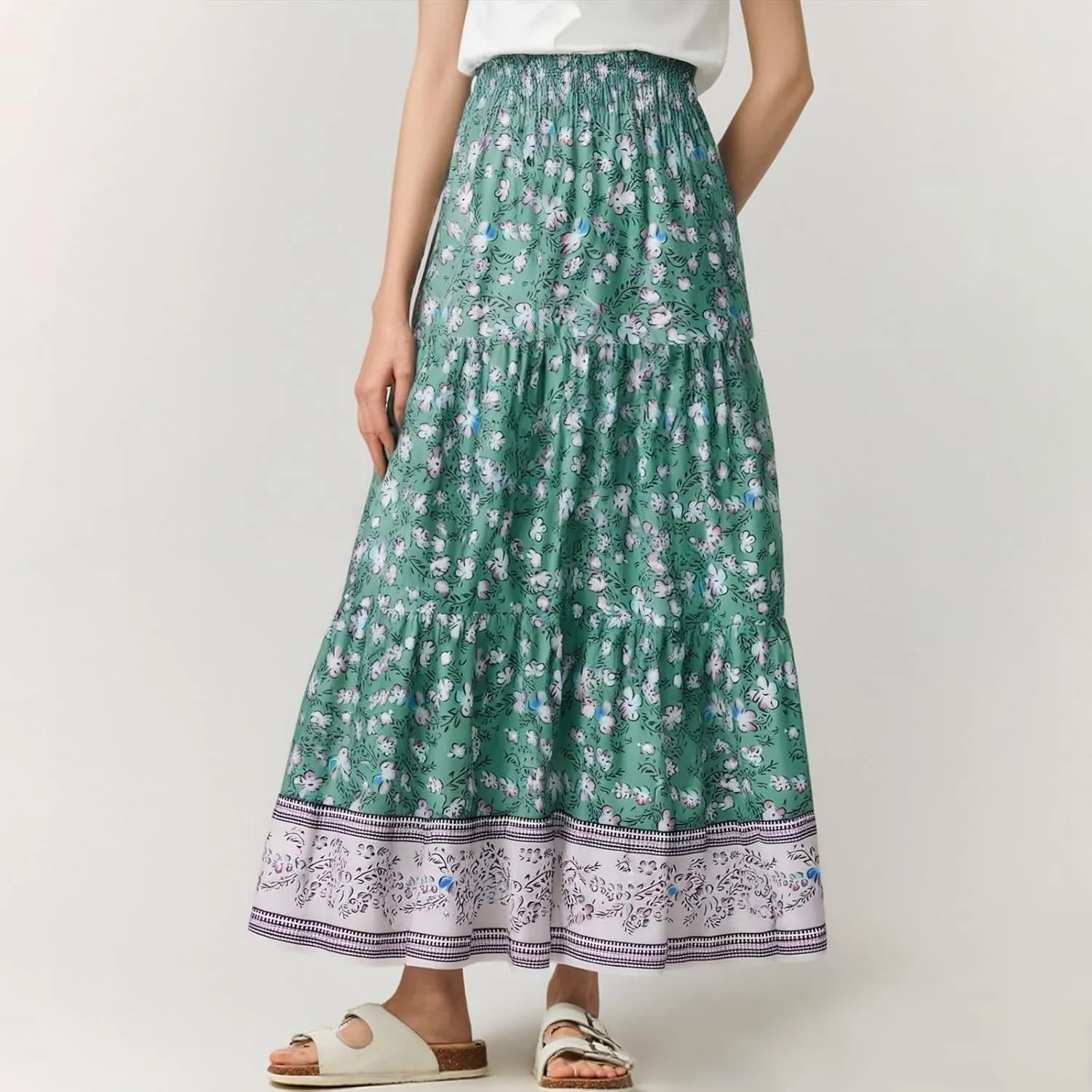Long Boho Skirts for Women Summer Tiered Floral Maxi Skirt Elastic High Waisted A Line Skirt Pleated Flowy Beach Skirts