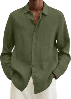 Mens Cotton Linen Hoodie Lightweight Long Sleeved Lapel Cotton Pocket Shirt Tops V Neck Button Down Hooded Shirt