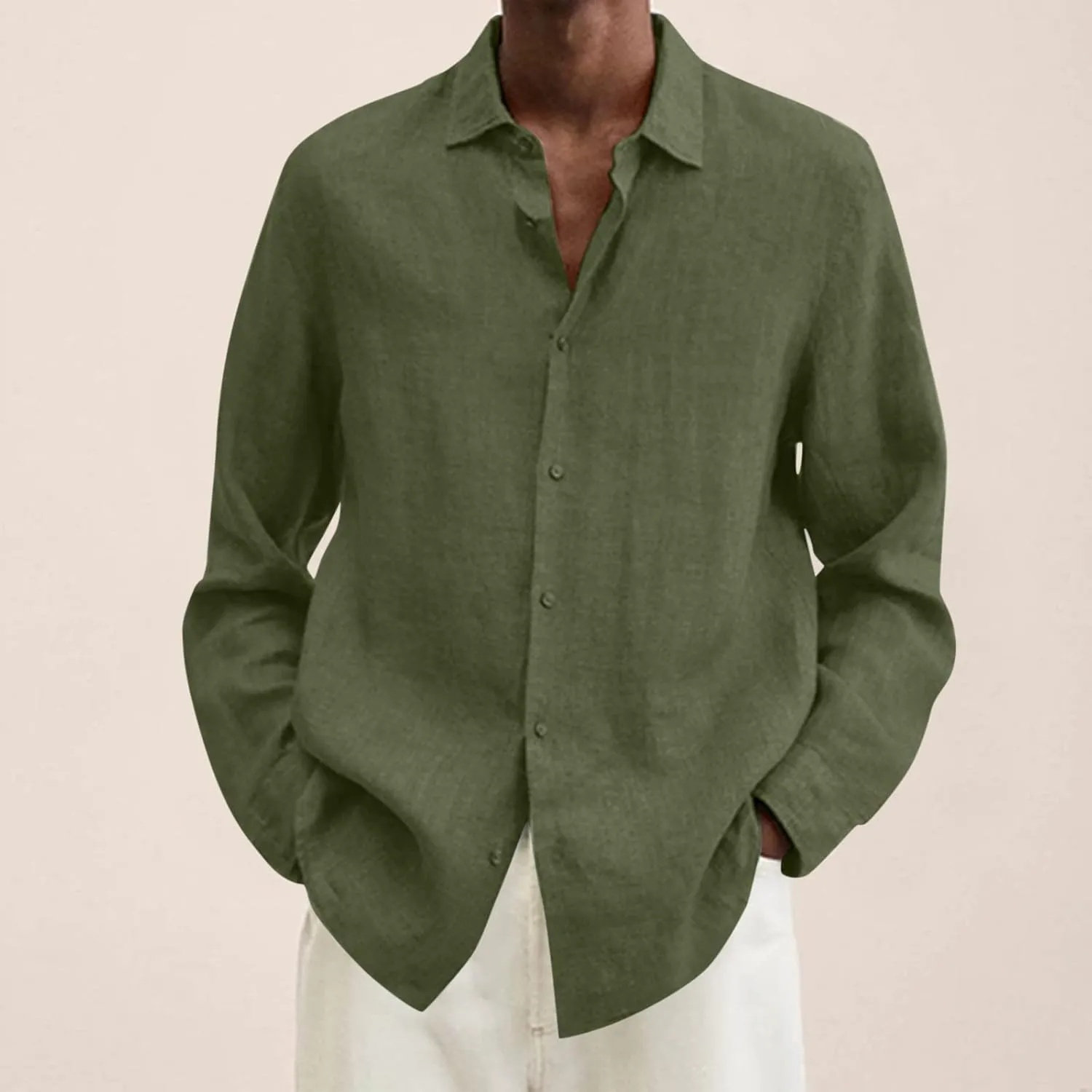 Mens Cotton Linen Hoodie Lightweight Long Sleeved Lapel Cotton Pocket Shirt Tops V Neck Button Down Hooded Shirt