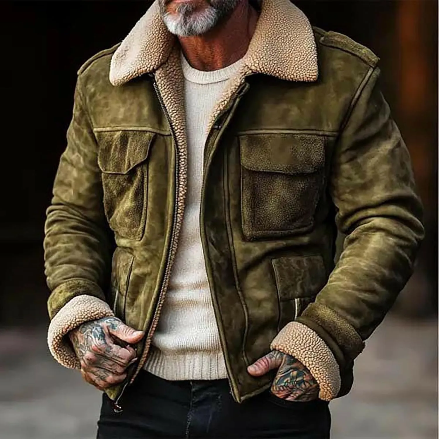 Mens Faux Suede Jackets Heavyweight Sherpa Lined Zip Up Winter Bomber Jackets Outdoor Shearling Sheepskin Coat Outwear