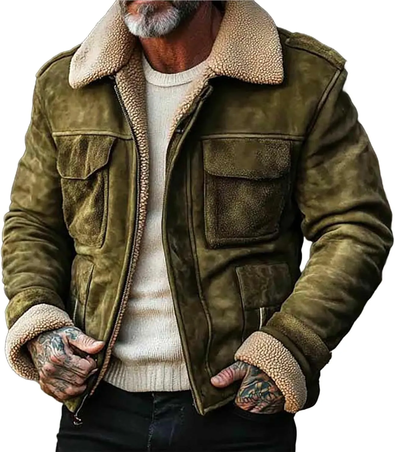 Mens Faux Suede Jackets Heavyweight Sherpa Lined Zip Up Winter Bomber Jackets Outdoor Shearling Sheepskin Coat Outwear