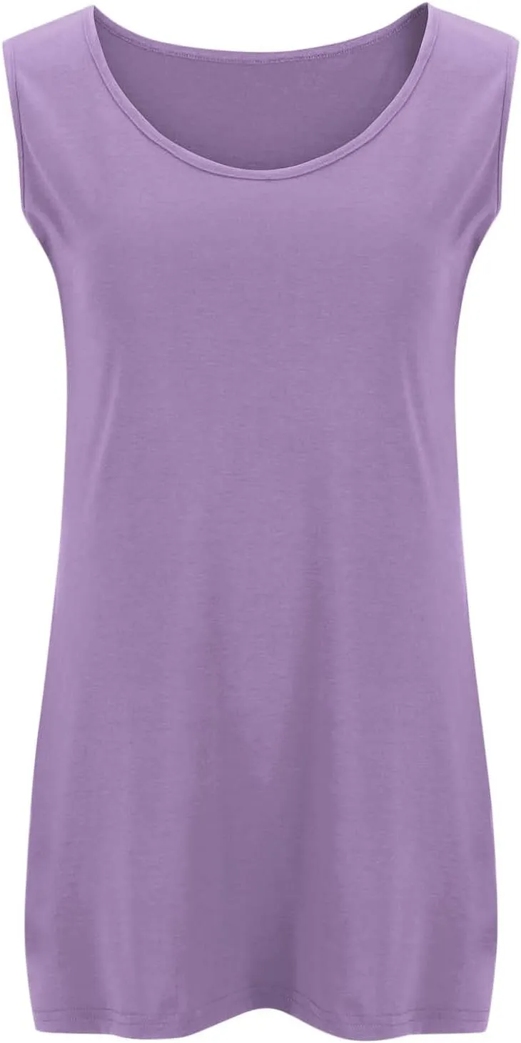 Plus Size Tank Tops for Women Summer Sleeveless Shirts Loose Fit Casual T-Shirt Scoop Neck Round Hem Tee Shirt