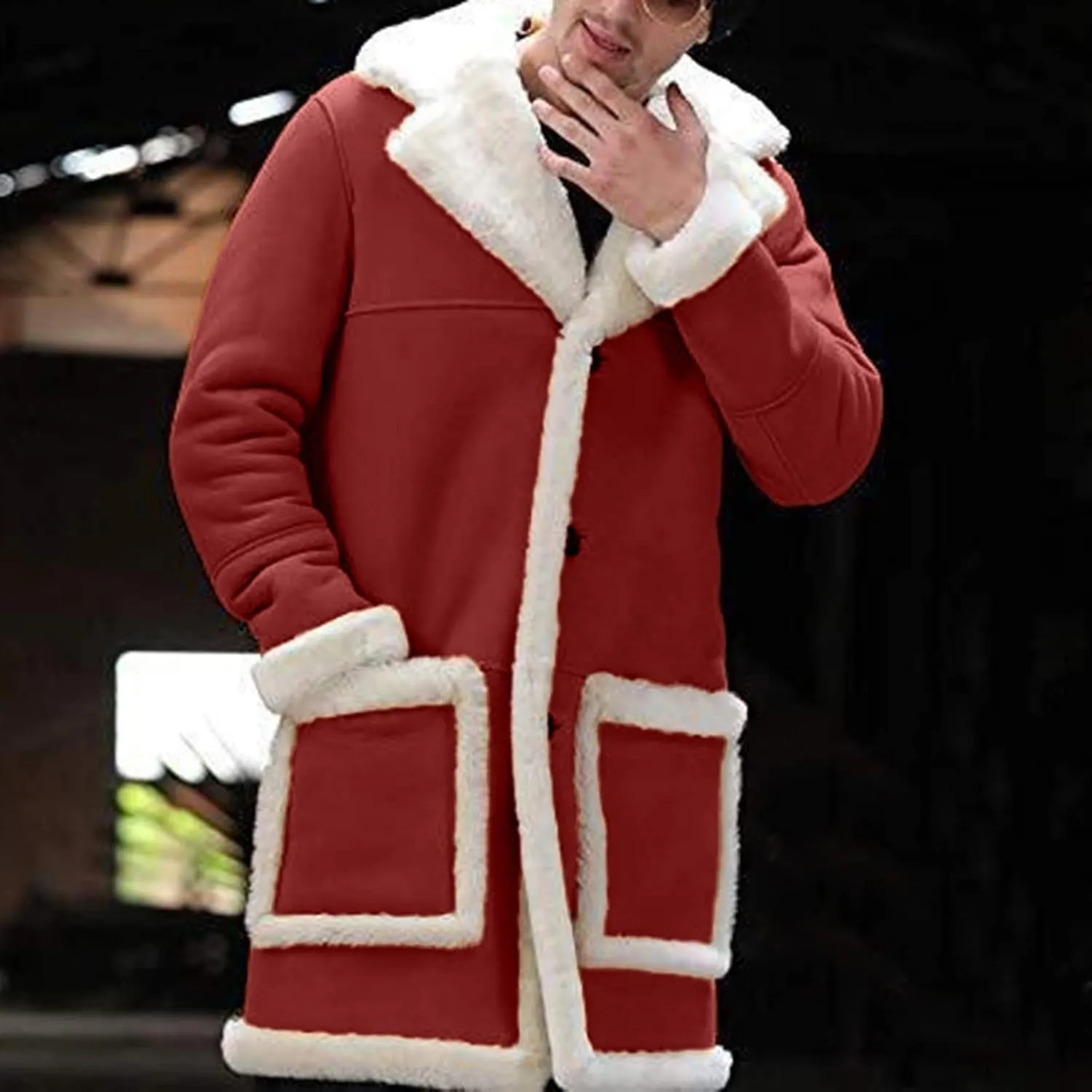 QWENTMTNTY Men's Faux Leather Winter Coats Suede Mid-Length Heavyweight Shearling Coat Big and Tall Thermal Sherpa Jacket