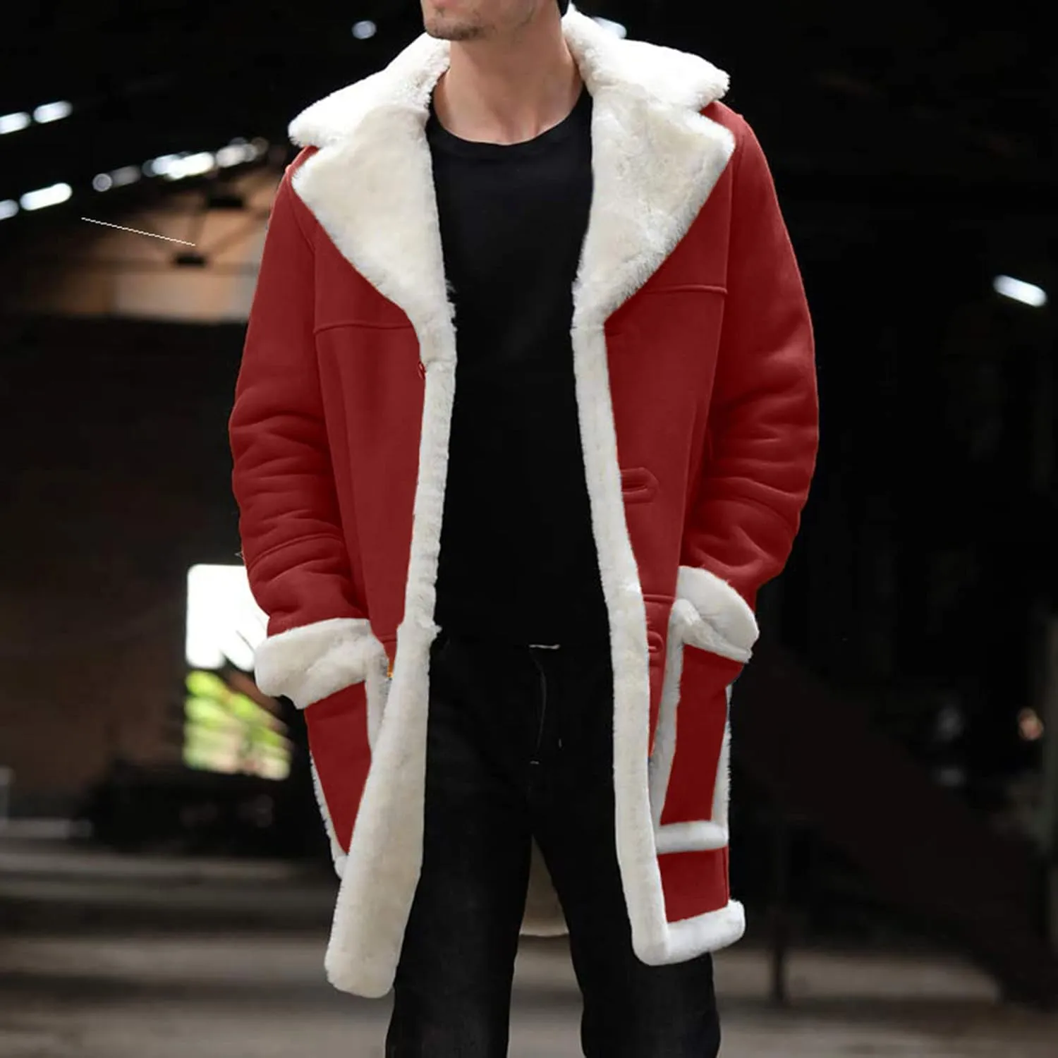 QWENTMTNTY Men's Faux Leather Winter Coats Suede Mid-Length Heavyweight Shearling Coat Big and Tall Thermal Sherpa Jacket