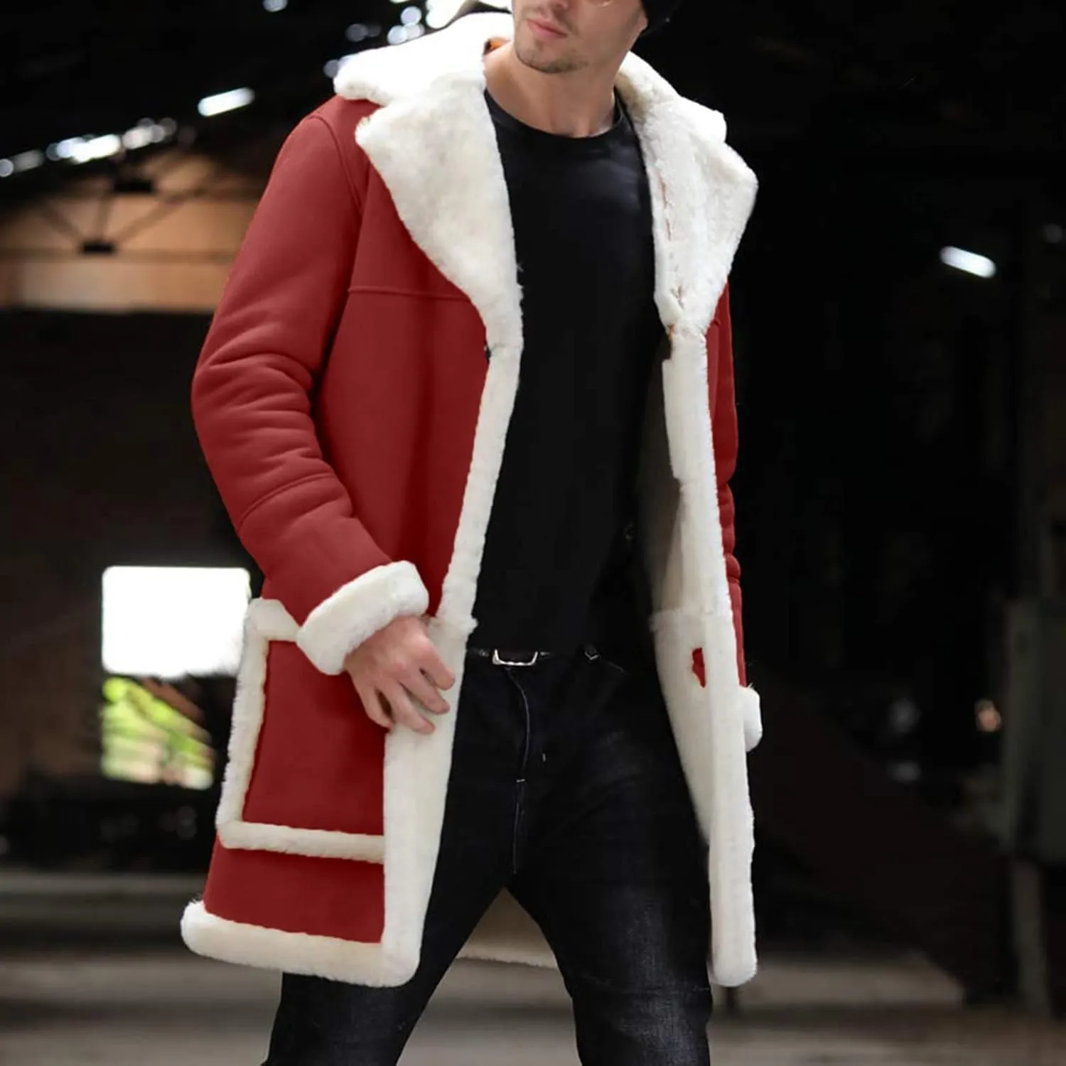 QWENTMTNTY Men's Faux Leather Winter Coats Suede Mid-Length Heavyweight Shearling Coat Big and Tall Thermal Sherpa Jacket