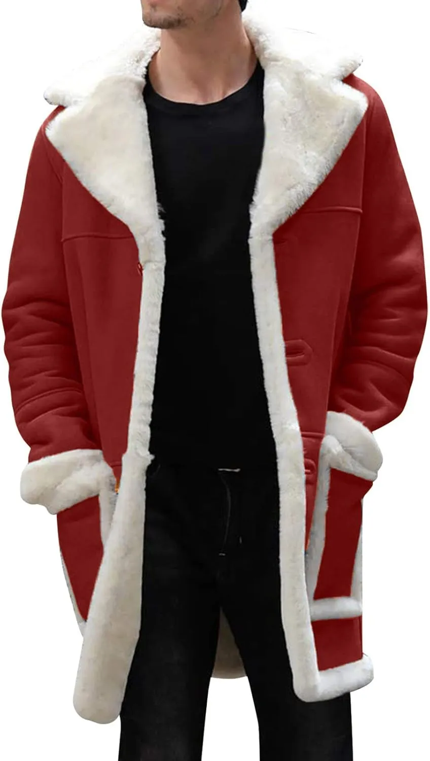 QWENTMTNTY Men's Faux Leather Winter Coats Suede Mid-Length Heavyweight Shearling Coat Big and Tall Thermal Sherpa Jacket