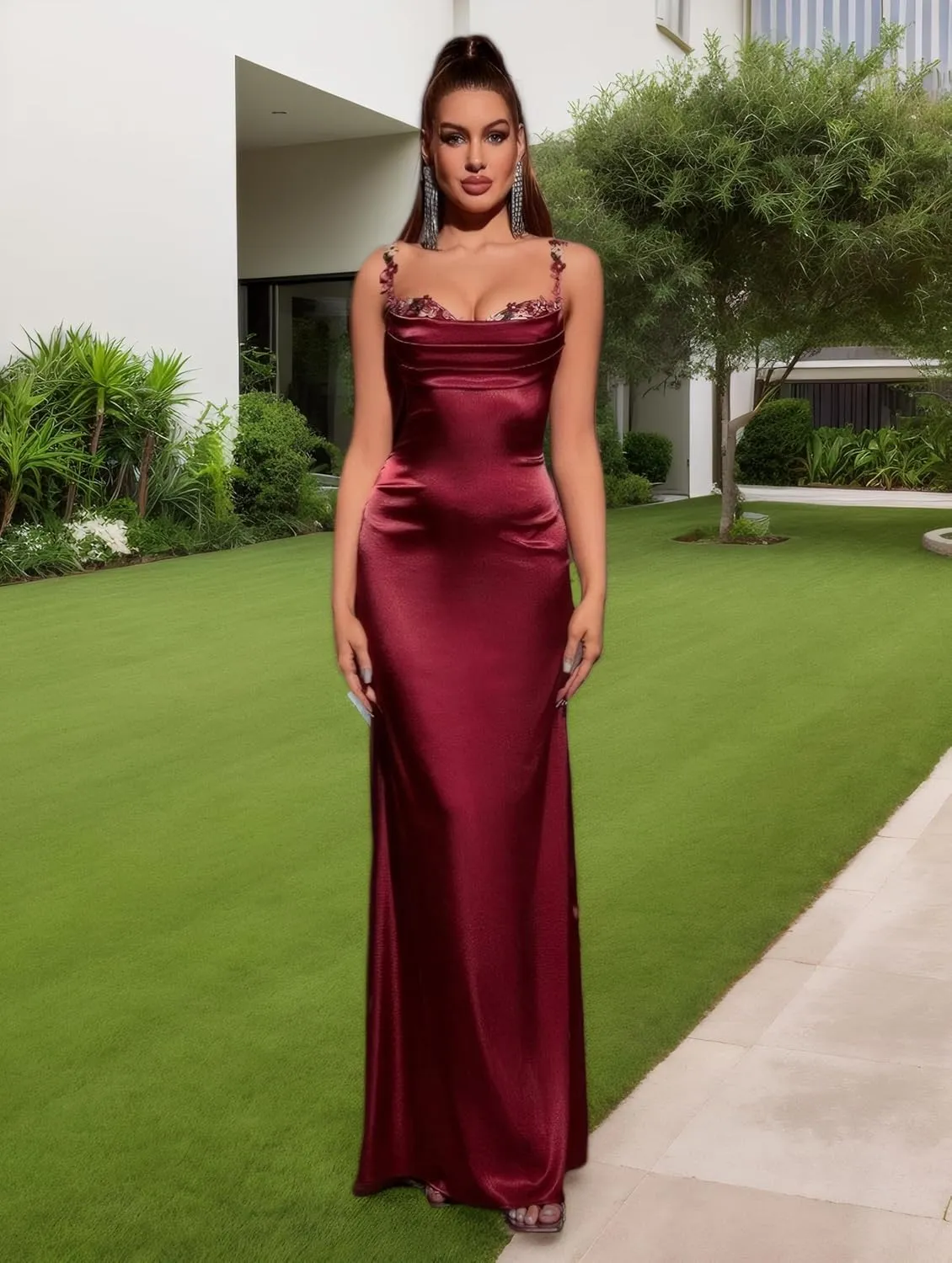 Sexy Spaghetti Straps Flower Satin Elegant Maxi Dress for Women Formal Evening Prom Wedding Guest Dress