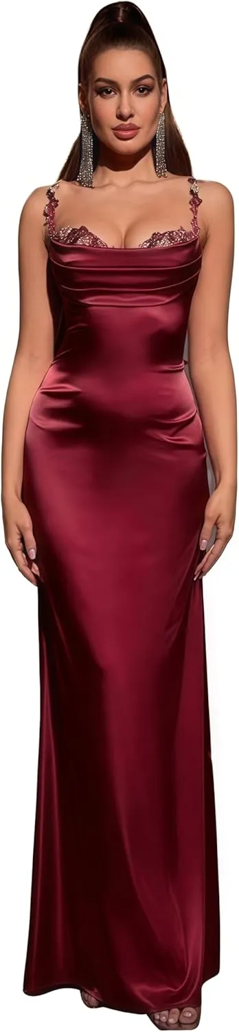 Sexy Spaghetti Straps Flower Satin Elegant Maxi Dress for Women Formal Evening Prom Wedding Guest Dress