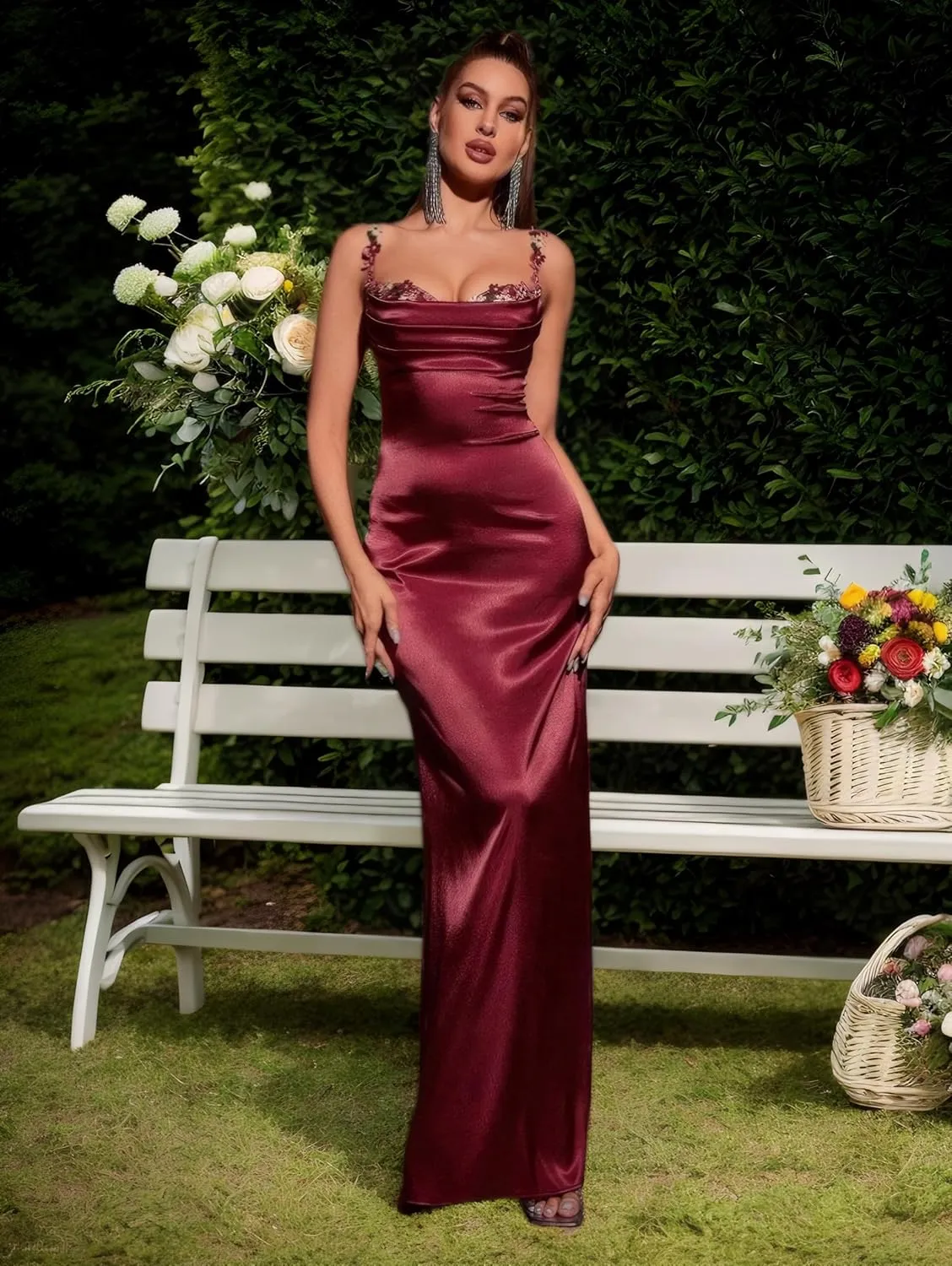 Sexy Spaghetti Straps Flower Satin Elegant Maxi Dress for Women Formal Evening Prom Wedding Guest Dress