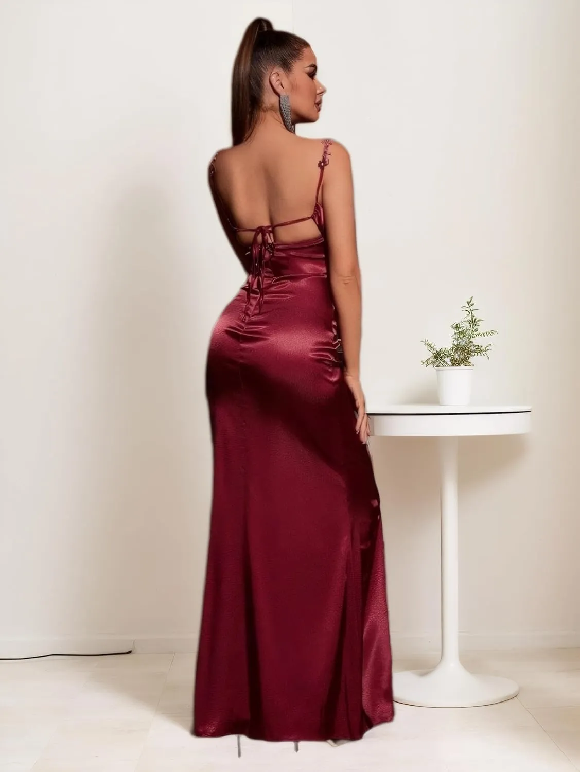 Sexy Spaghetti Straps Flower Satin Elegant Maxi Dress for Women Formal Evening Prom Wedding Guest Dress